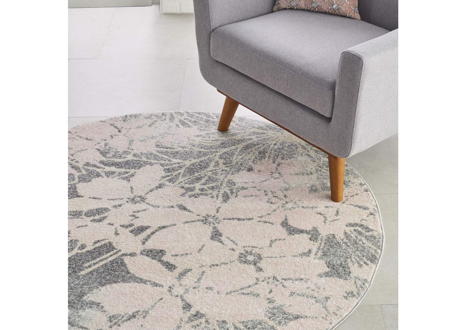 Nourison Tranquil TRA08 Pink and Grey 5' Round Ombre Floral Area Rug,Nourison