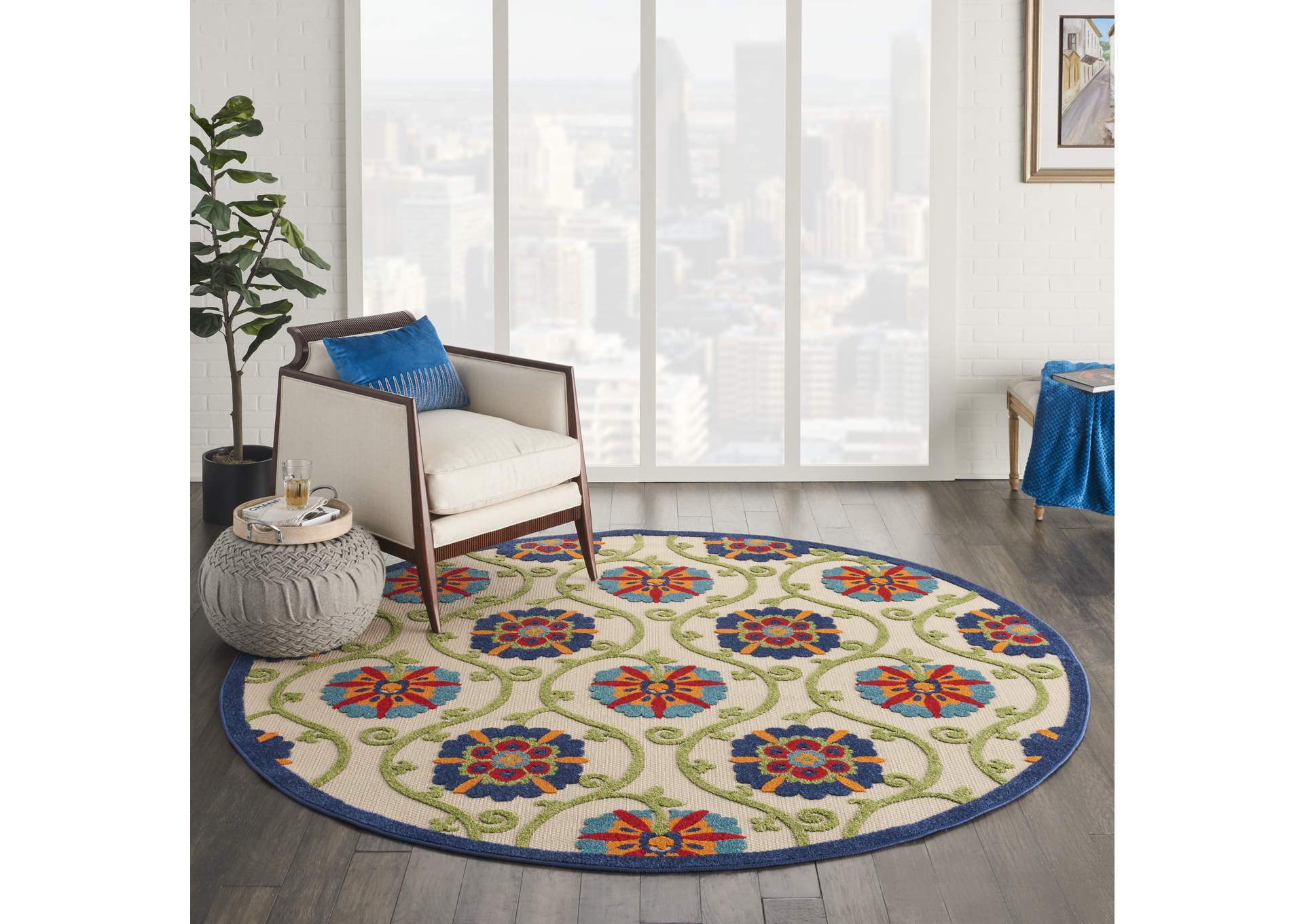 Nourison Aloha ALH19 8' Round Blue Multicolor Easy-care Indoor-outdoor Rug,Nourison