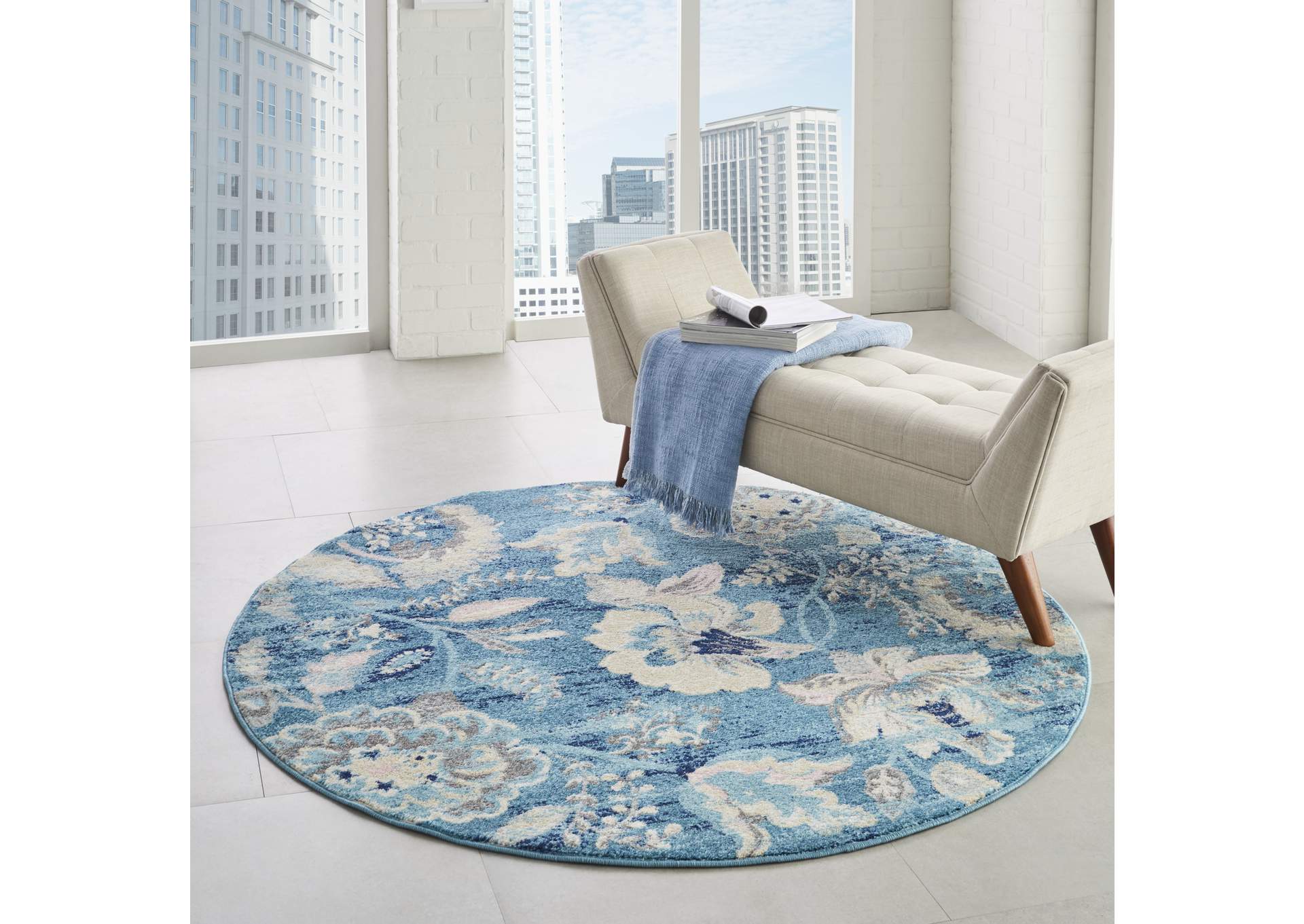 Nourison Tranquil TRA02 Turquoise Blue and White 5' Round French Country Area Rug,Nourison