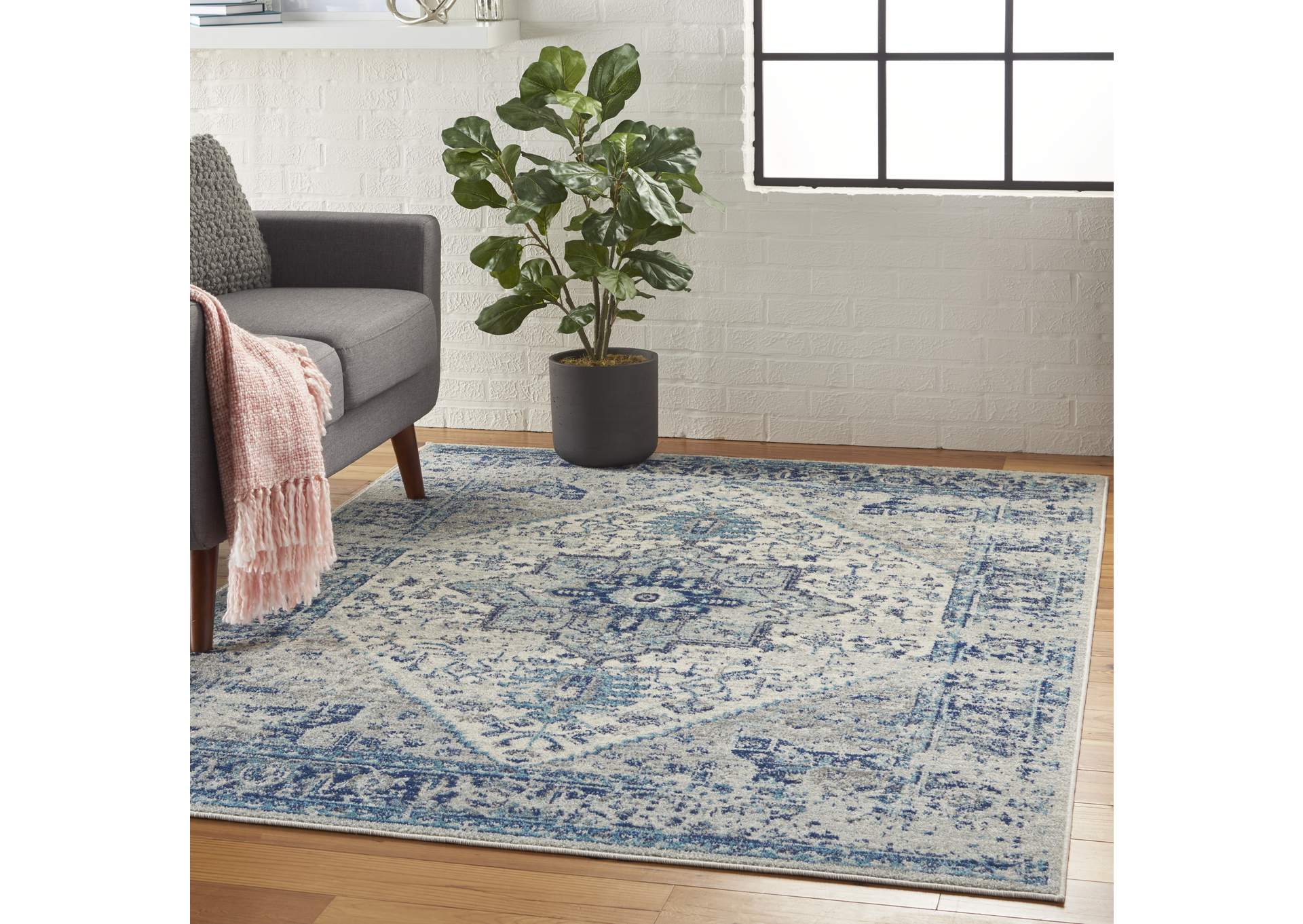 Nourison Tranquil TRA06 Navy Blue and White 5'x7' Persian Area Rug,Nourison