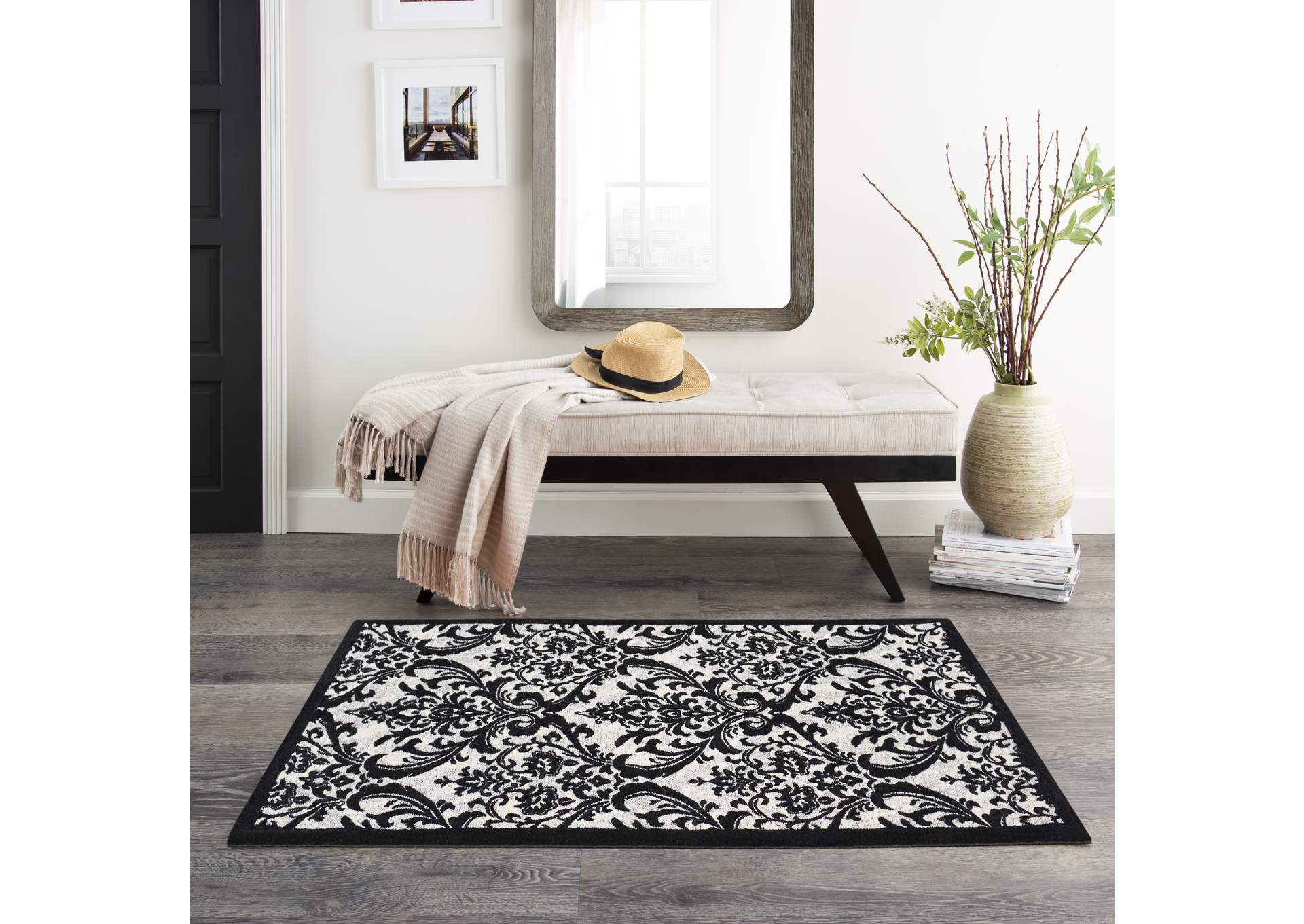 Nourison Damask 2' X 4' Black and White Vintage Area Rug,Nourison