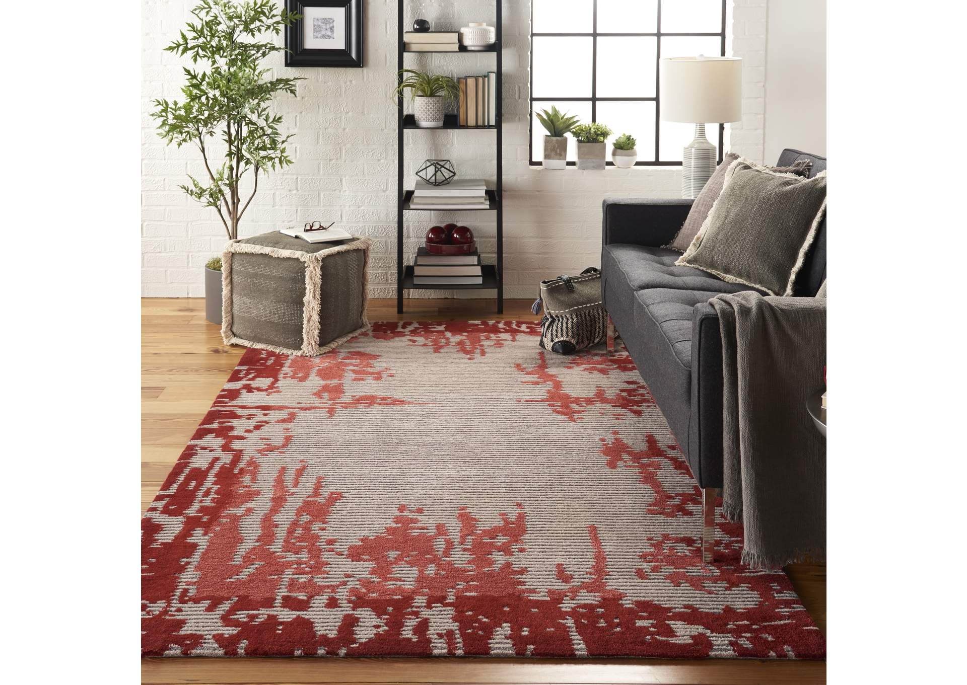 Nourison Symmetry SMM02 Ivory and Red 4'x6' Area Rug,Nourison