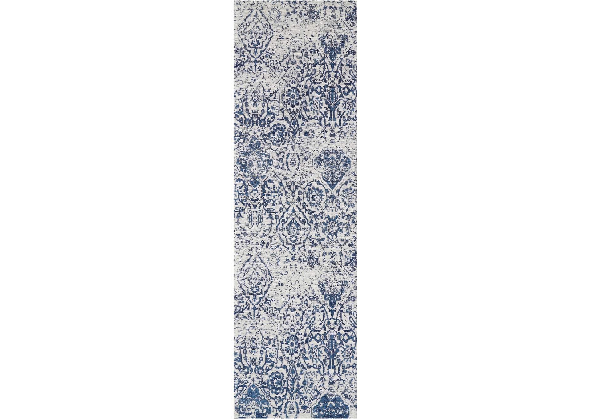 Nourison Damask DAS06 Dark Blue and White 8' Runner Flat Hallway Rug,Nourison