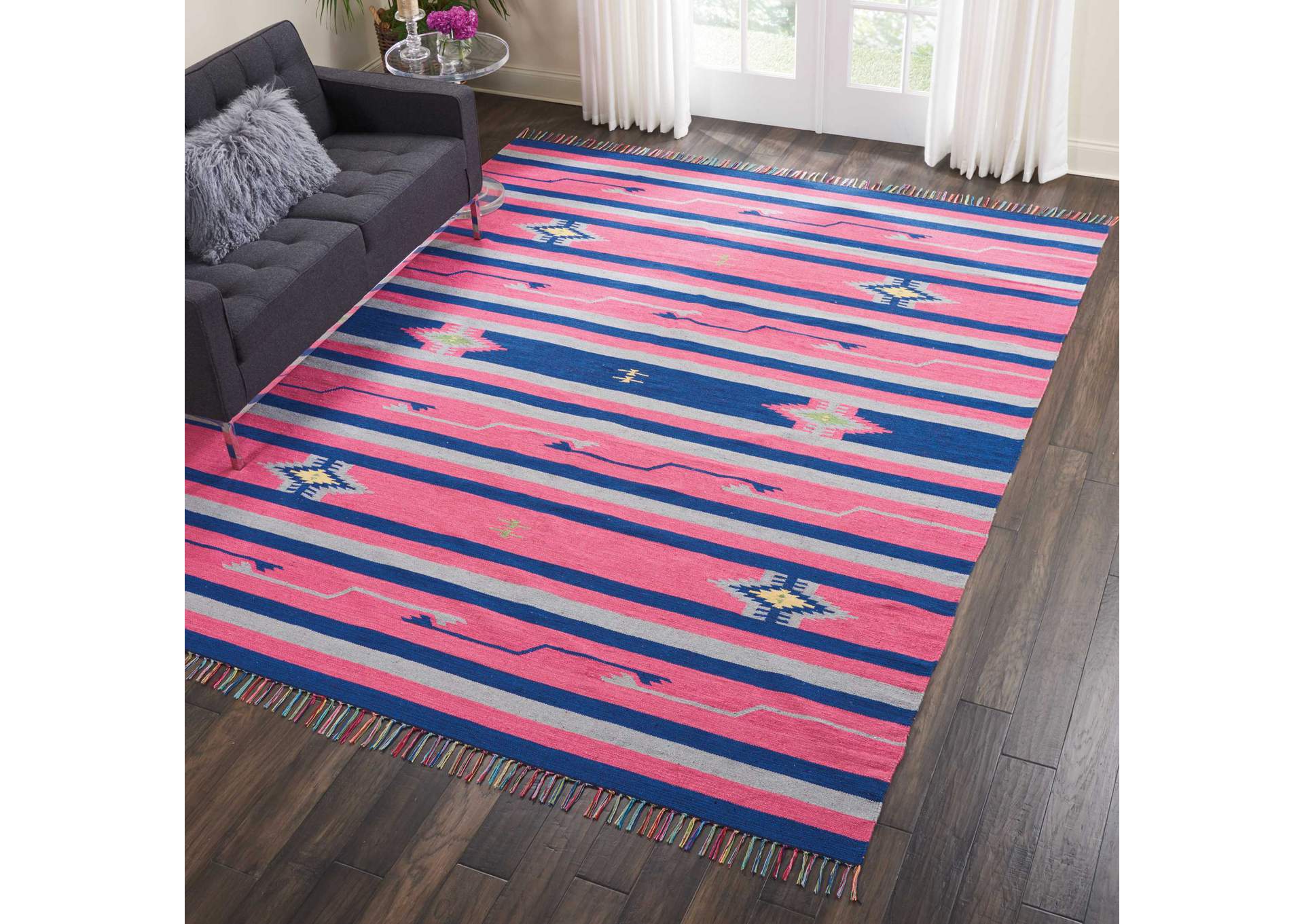 Nourison Baja BAJ01 Pink and Blue 8'x10' Large Flat Weave Rug,Nourison