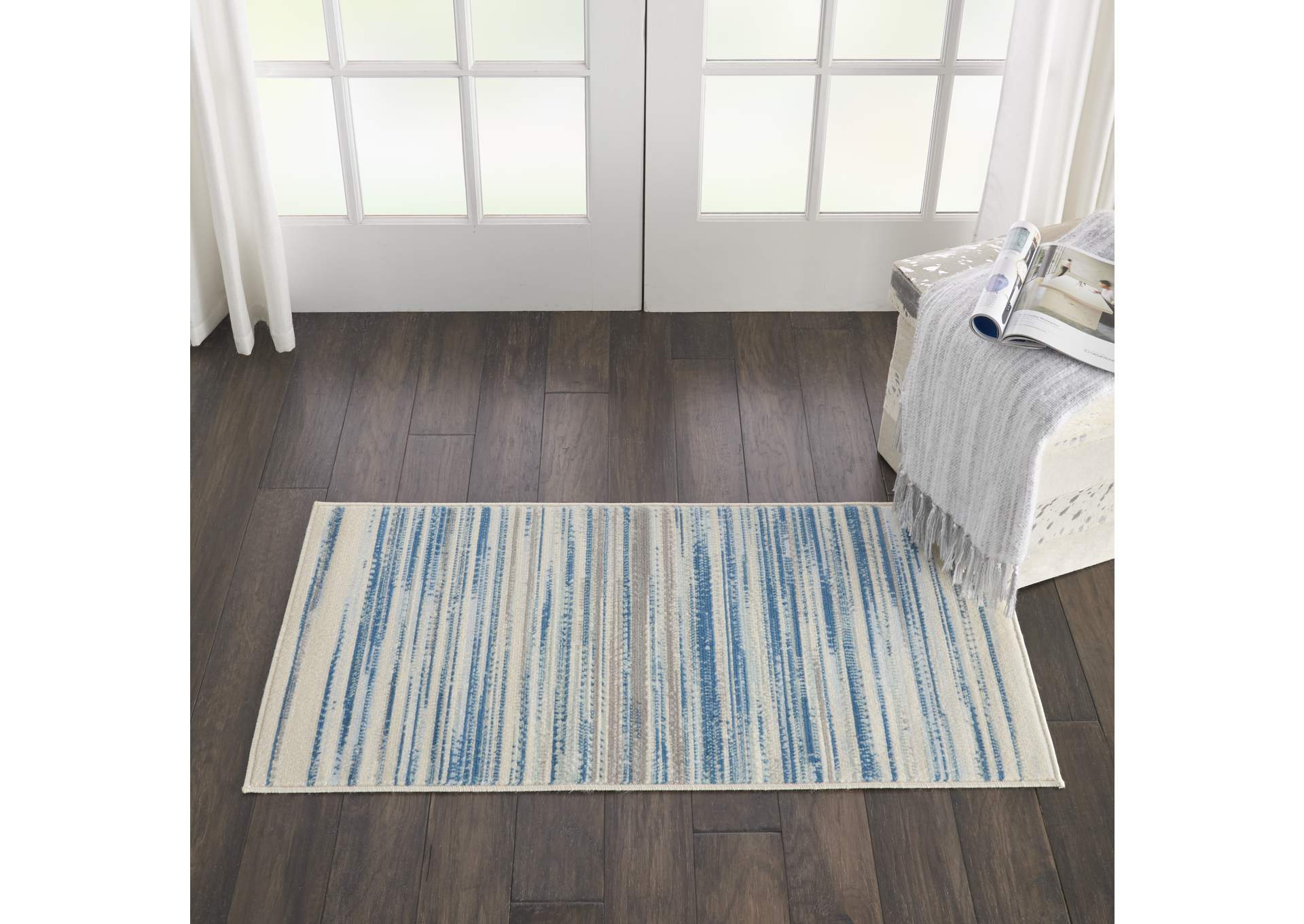 Nourison Jubilant 2' x 4' Small Teal Blue and White Striped Area Rug,Nourison