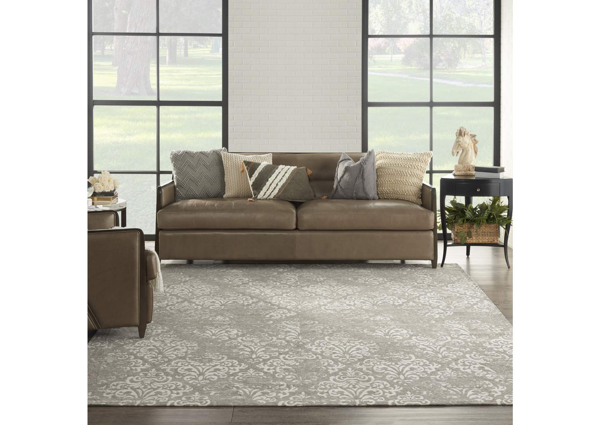 Nourison Damask DAS03 Grey and White 8'x10' Large Flat Rug,Nourison