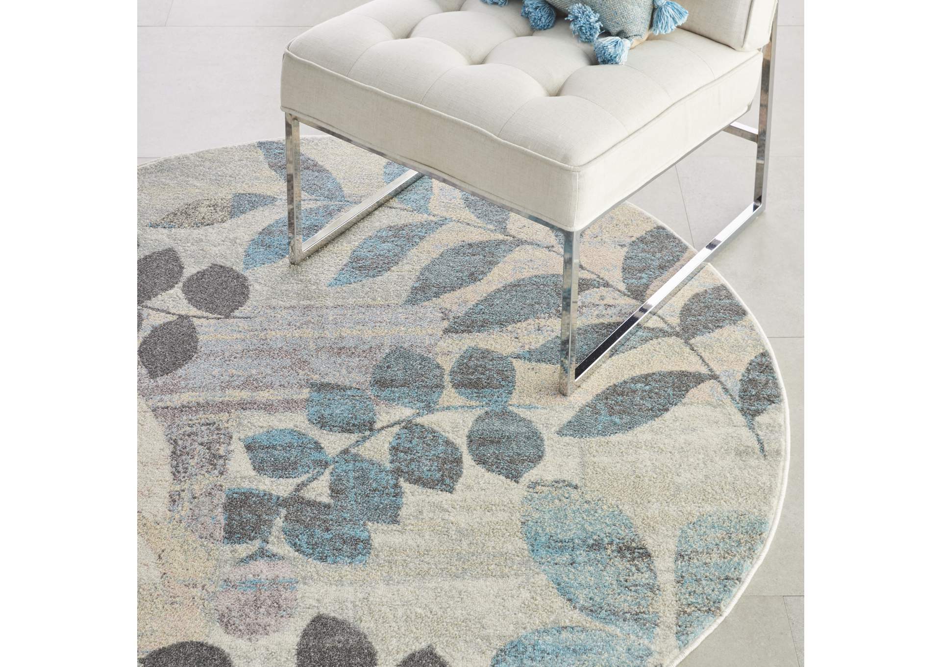 Nourison Tranquil 5' Round White and Blue Farmhouse Area Rug,Nourison