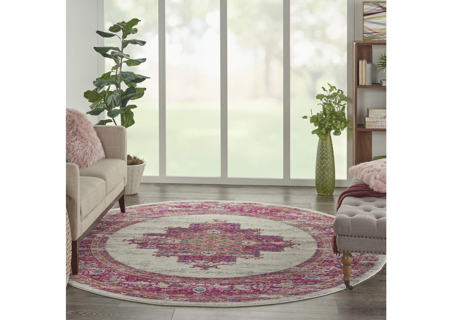 Nourison Passion PSN03 Pink and White 8' Round Large Rug,Nourison