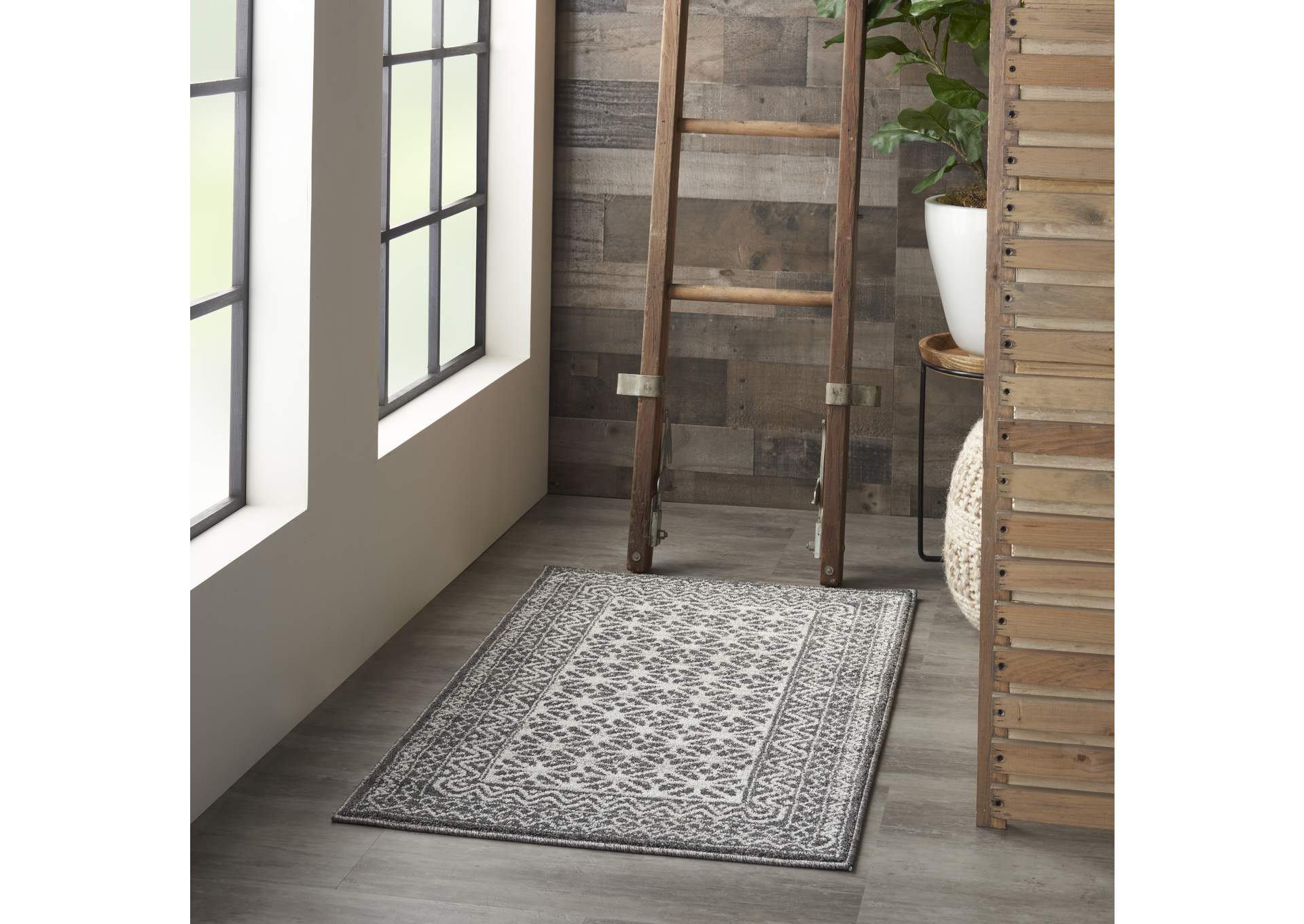 Nourison Palermo 2' x 4' Charcoal Grey and Silver Distressed Bohemian Area Rug,Nourison