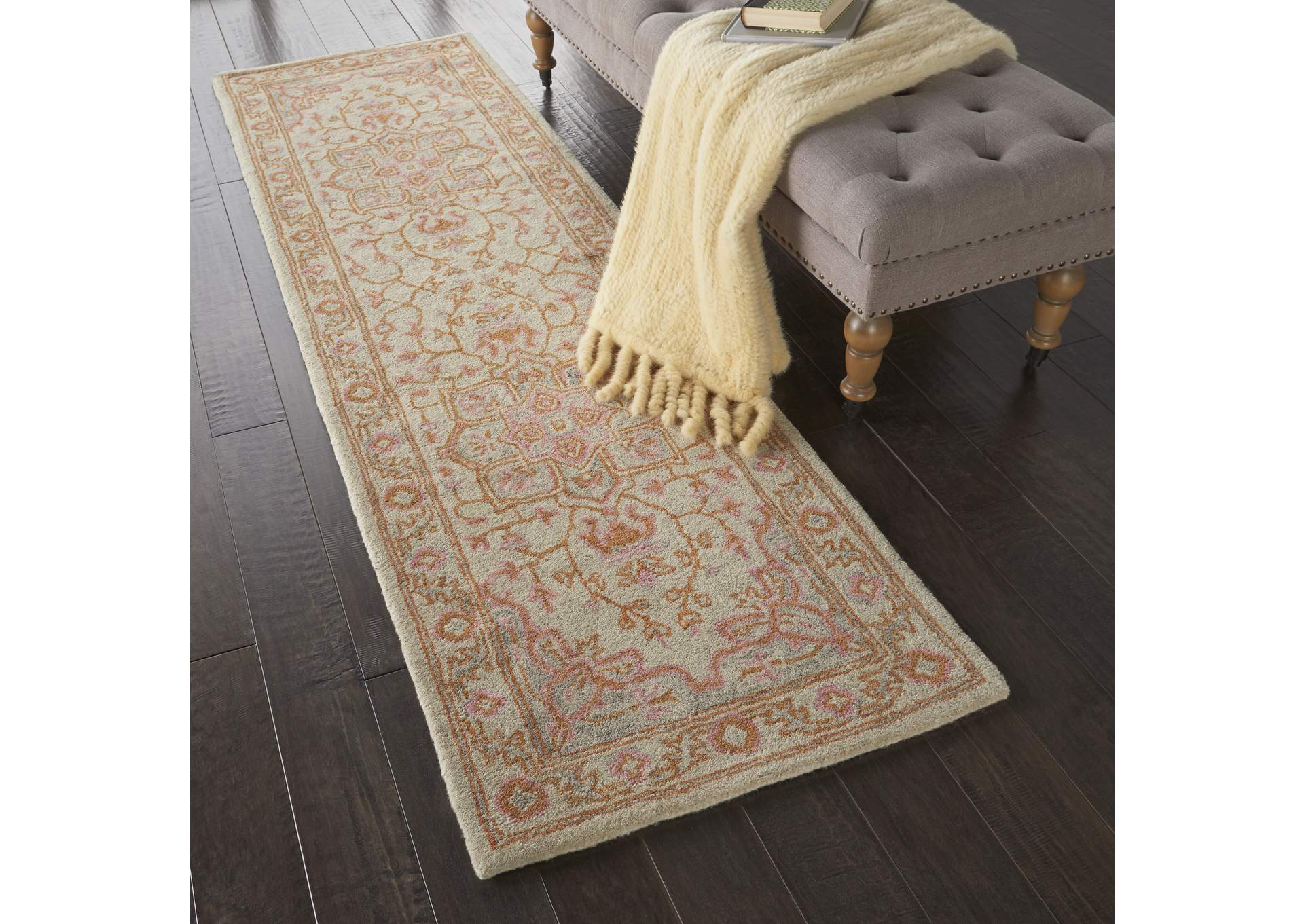 Nourison Jazmine JAZ01 Orange and Cream 8' Runner Wool Hallway Rug,Nourison