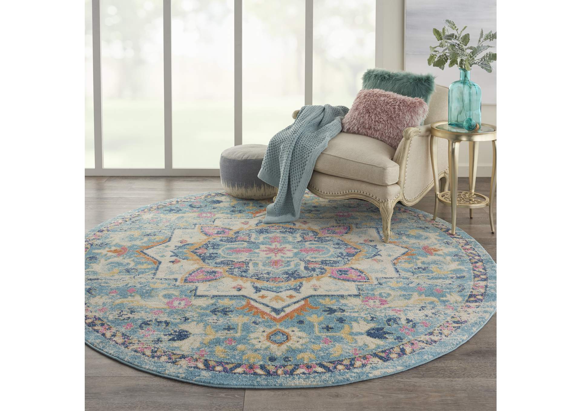 Nourison Passion 8' Round Ivory, Light Blue Bohemian Area Rug,Nourison