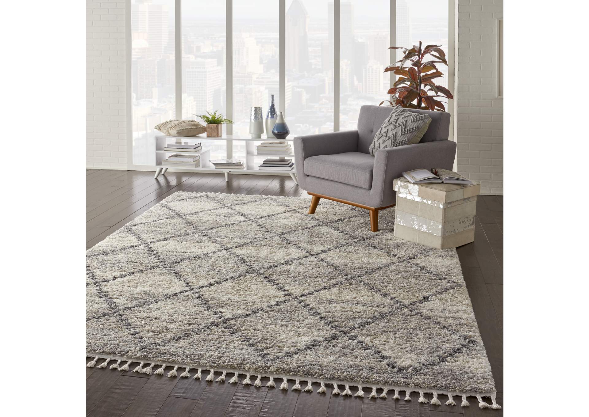 Nourison Oslo Shag OSL01 8'x11' Large Ivory and Grey Scandinavian Shag Rug,Nourison