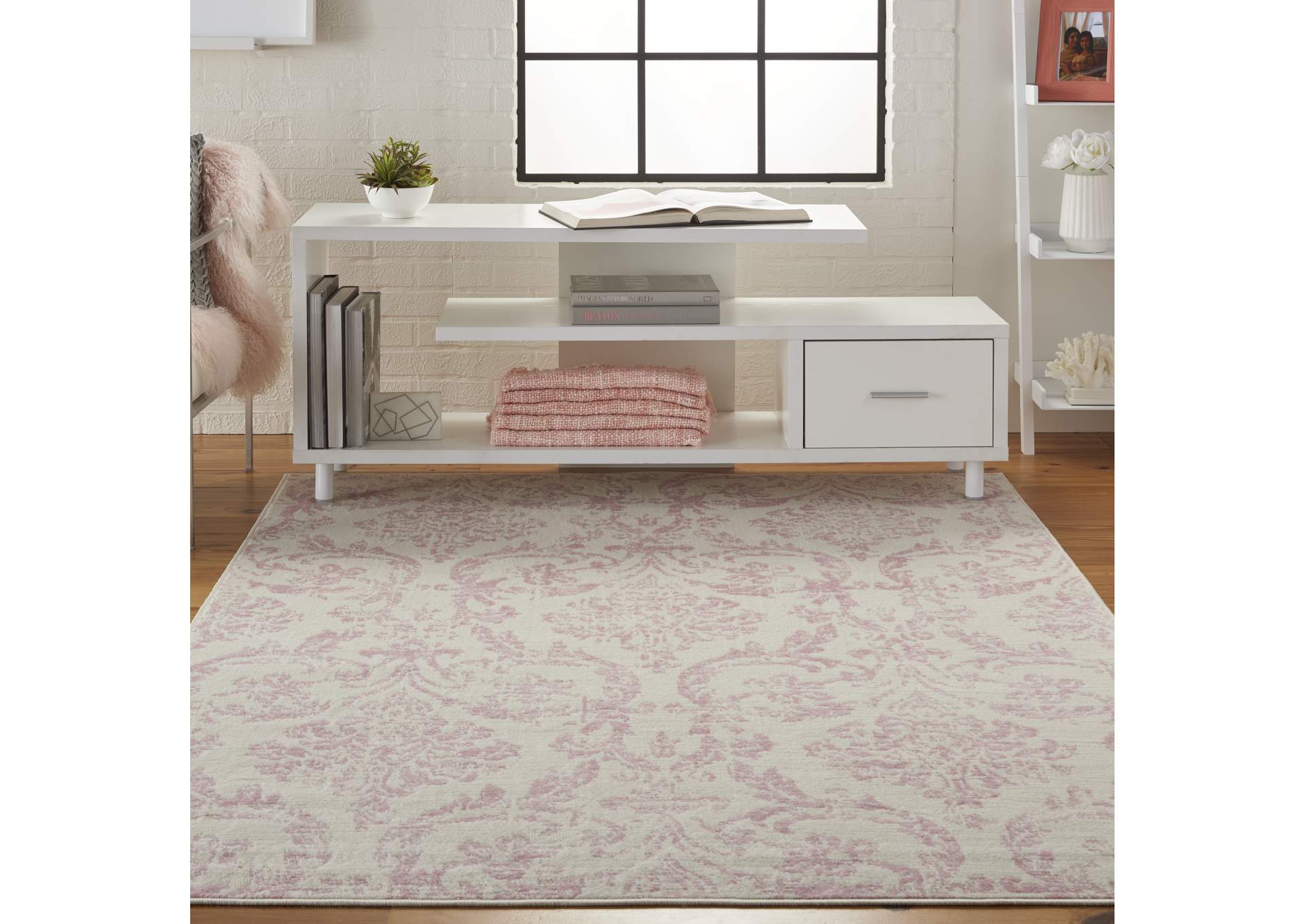 Nourison Jubilant JUB09 White and Pink 4'x6' Farmhouse Area Rug,Nourison