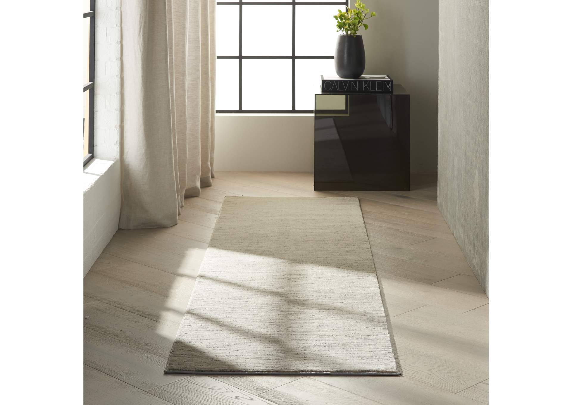 Calvin Klein Jackson CK781 Ivory and Grey 8' Runner Striated Hallway Rug,Nourison