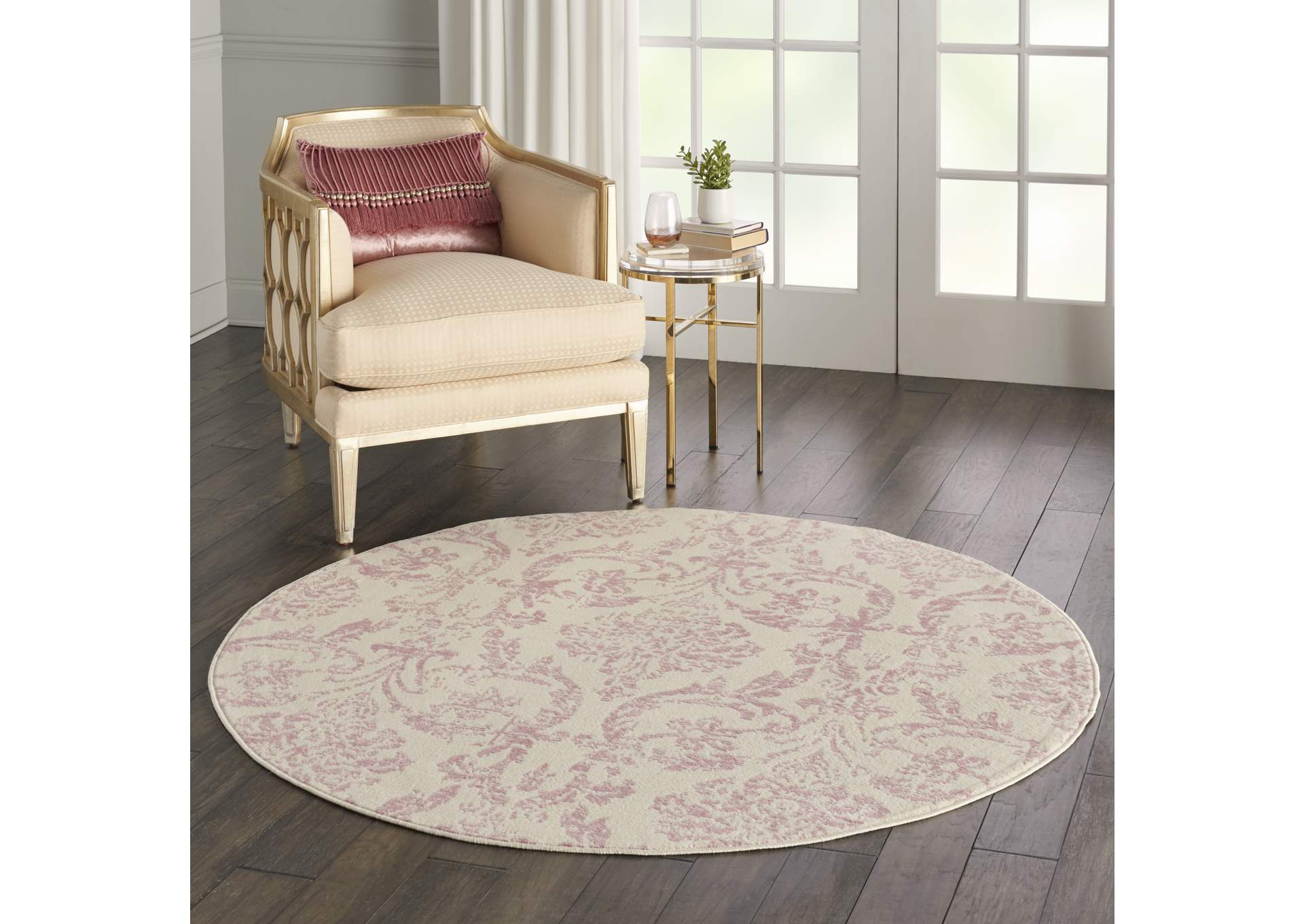 Nourison Jubilant JUB09 White and Pink 5' Round Farmhouse Area Rug,Nourison