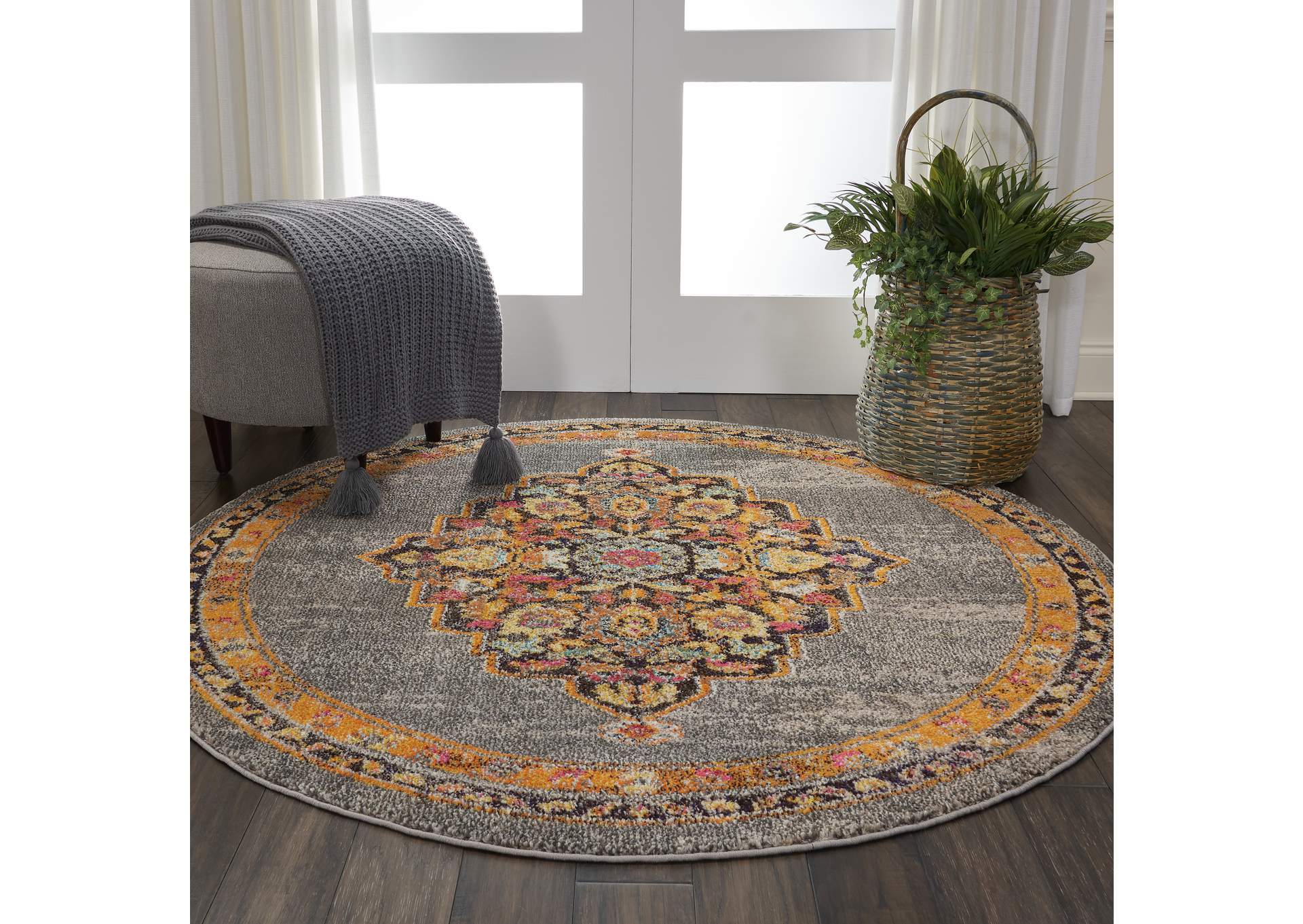 Nourison Passionate PST01 Grey Multicolor 5' Round Persian Area Rug,Nourison