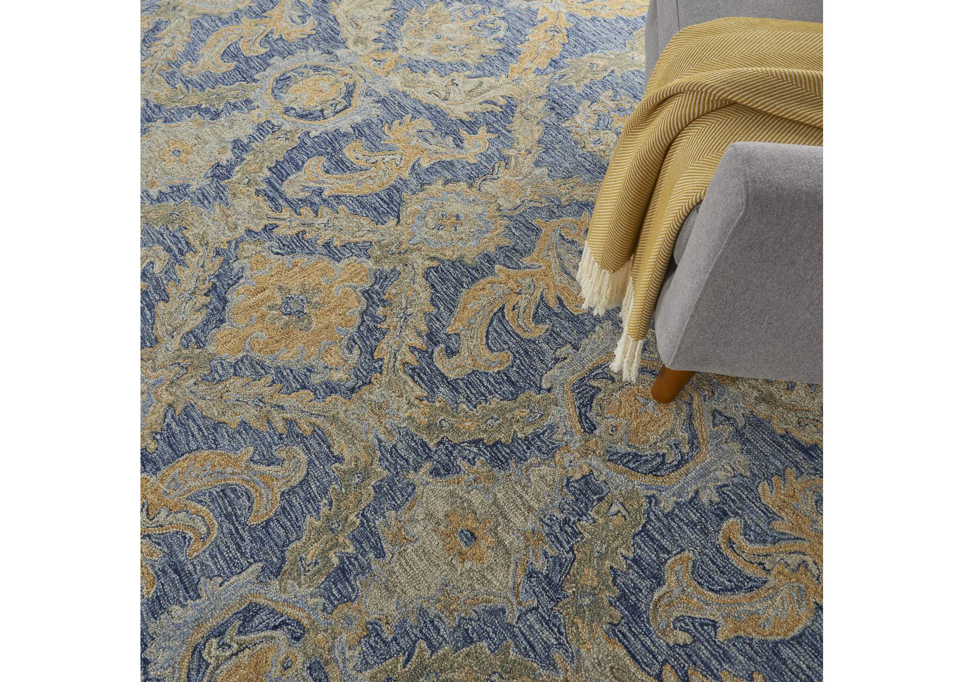 Nourison Azura AZM03 Navy and Gold 8'x11' Pure Wool Handcrafted Rug,Nourison