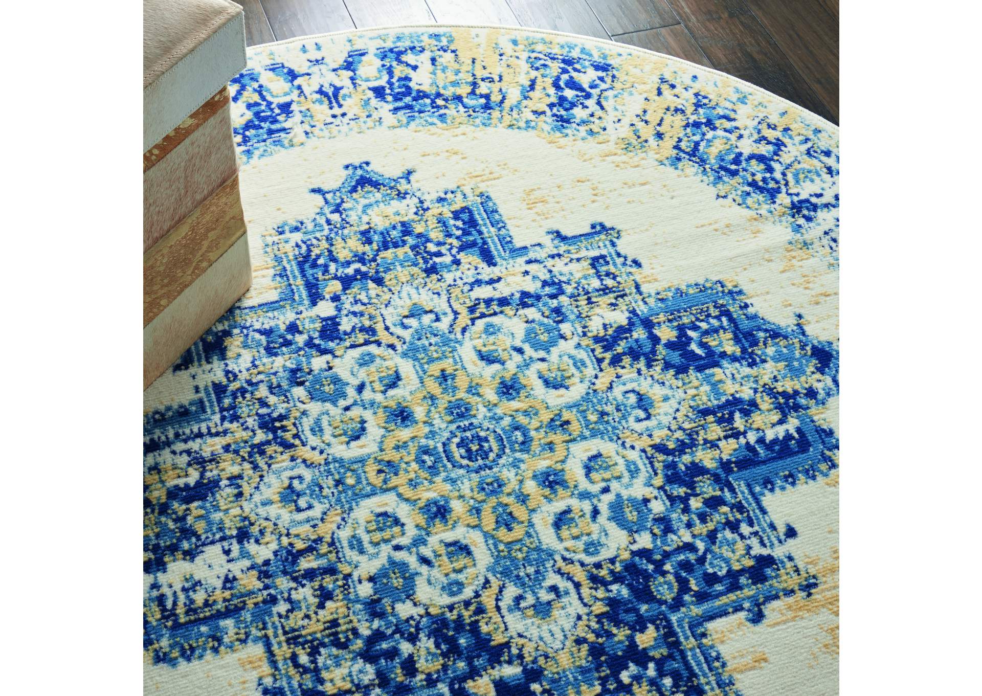Nourison Grafix GRF14 White and Blue 5' Round Area Rug,Nourison