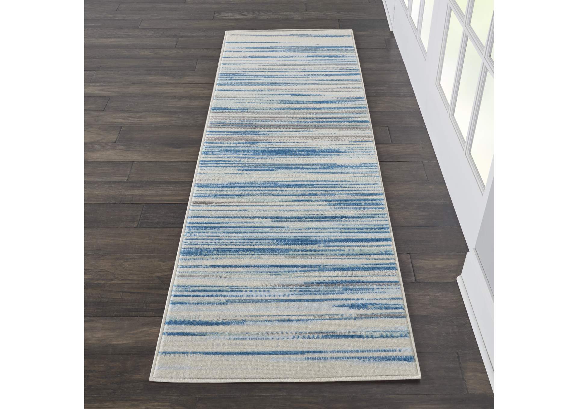 Nourison Jubilant JUB04 Teal Blue and White 7' Runner Low-pile Hallway Rug,Nourison