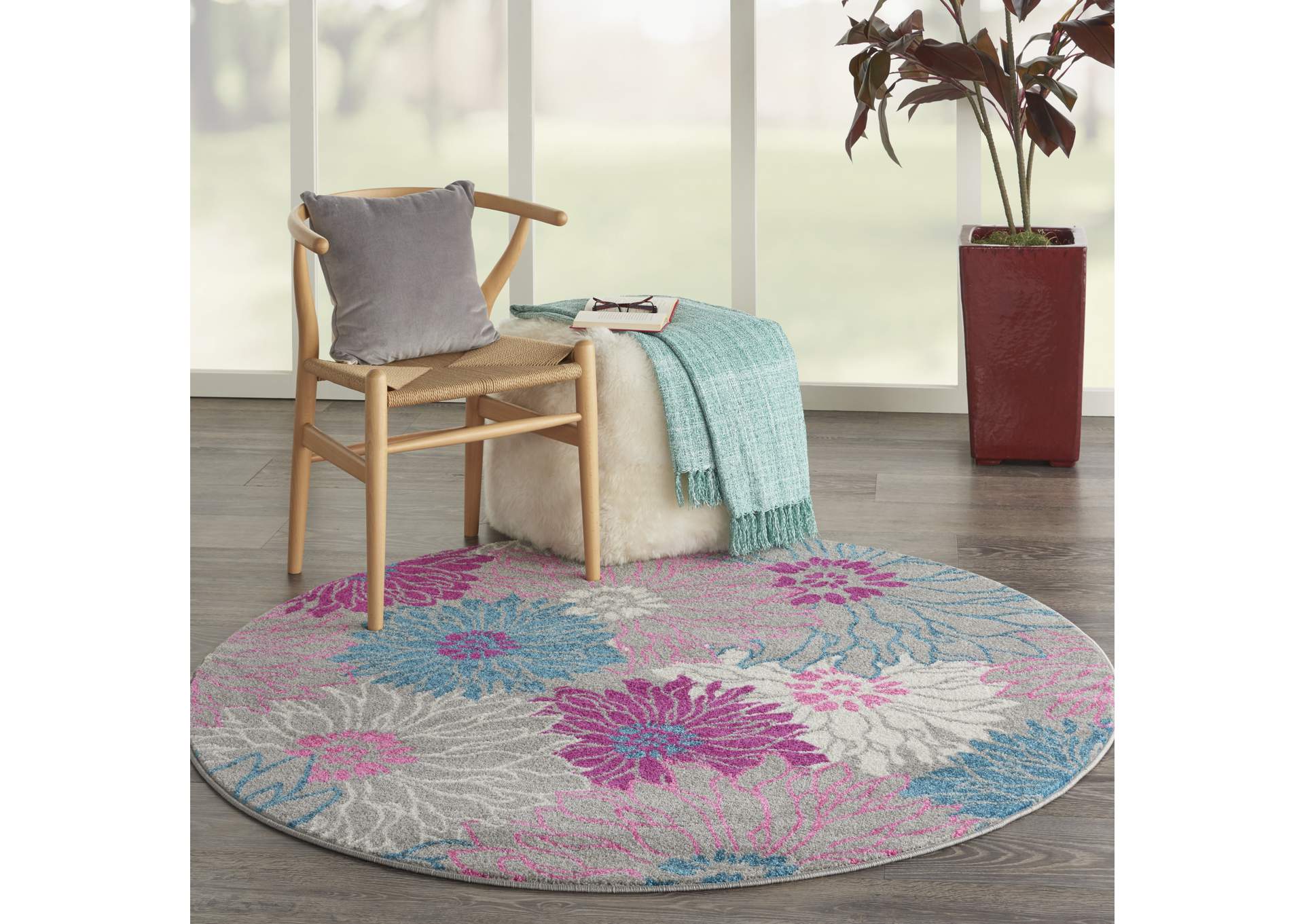 Nourison Passion PSN17 Pink and Grey 4' Round Floral Area Rug,Nourison