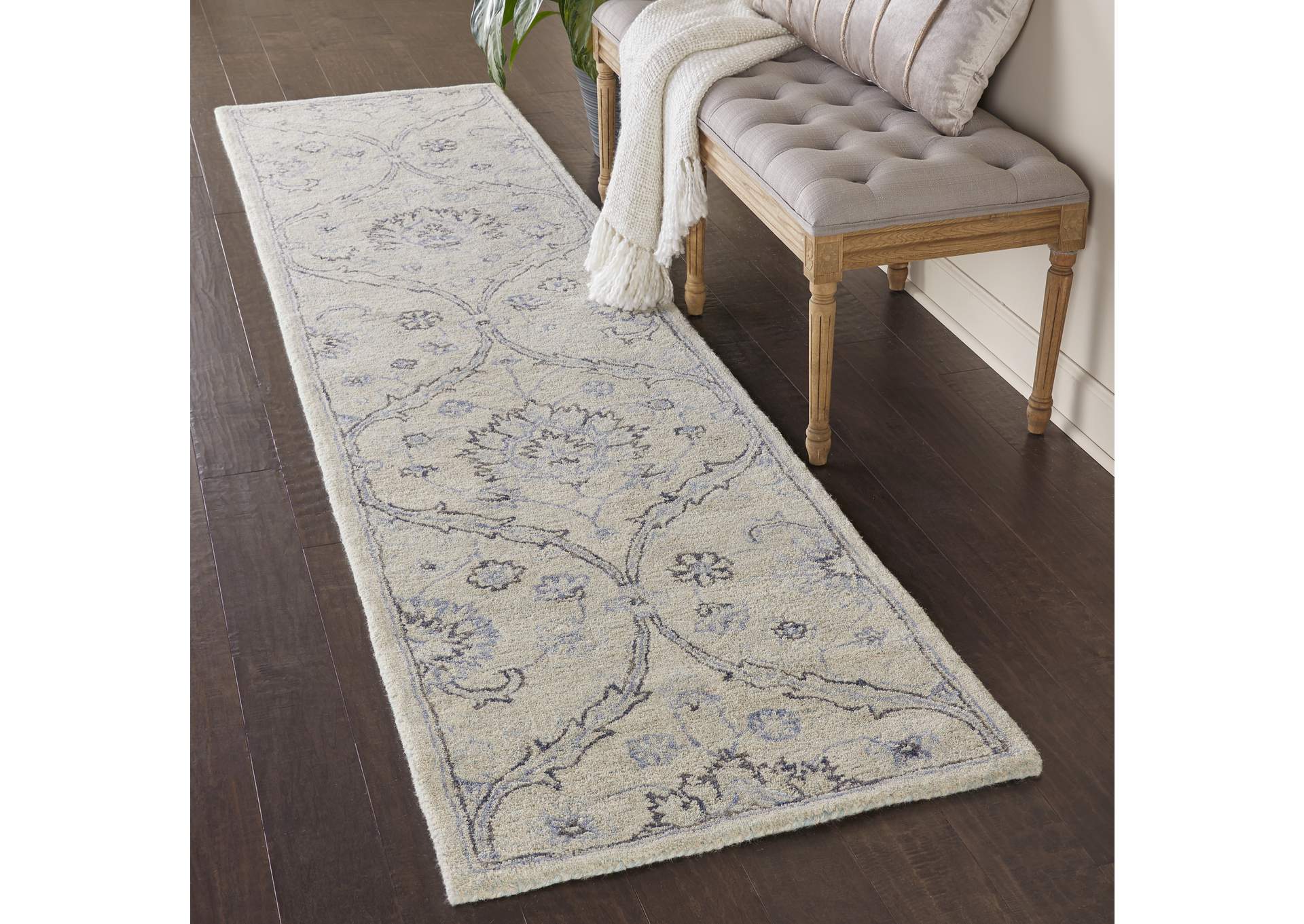 Nourison Jazmine JAZ03 Ivory and Blue 10' Runner Wool Hallway Rug,Nourison