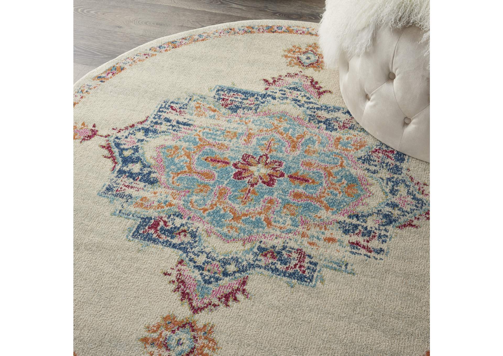 Nourison Passion 4' Round Grey, Ivory, Multicolored Bohemian Area Rug,Nourison
