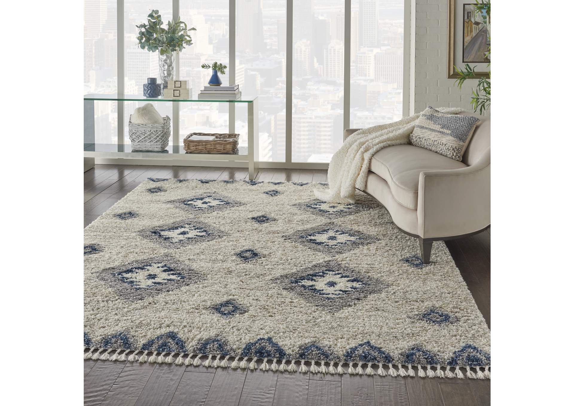 Nourison Oslo Shag OSL03 8'x11' Large Ivory and Blue Scandinavian Shag Rug,Nourison