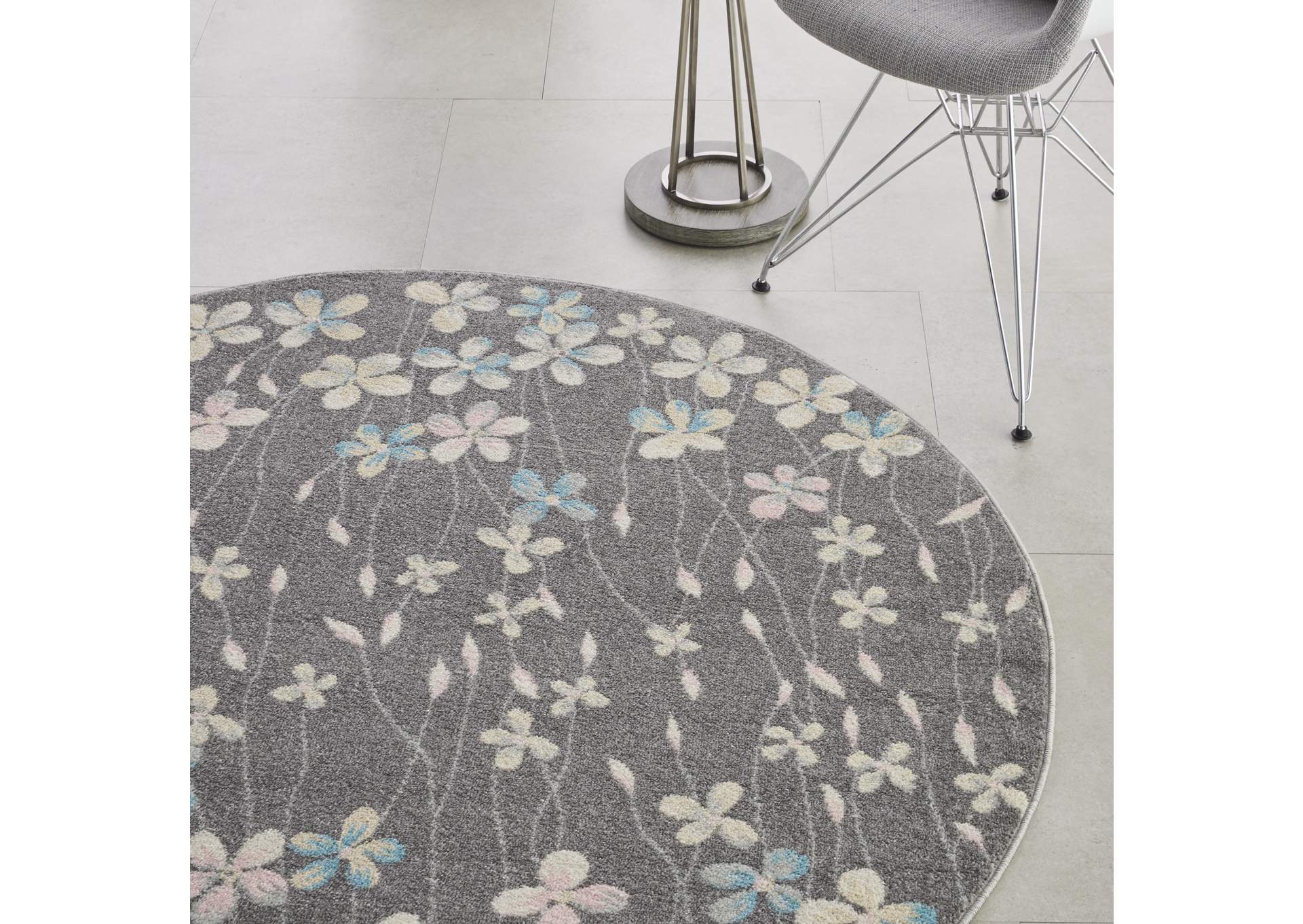 Nourison Tranquil TRA04 Grey 5' Round Floral Area Rug,Nourison