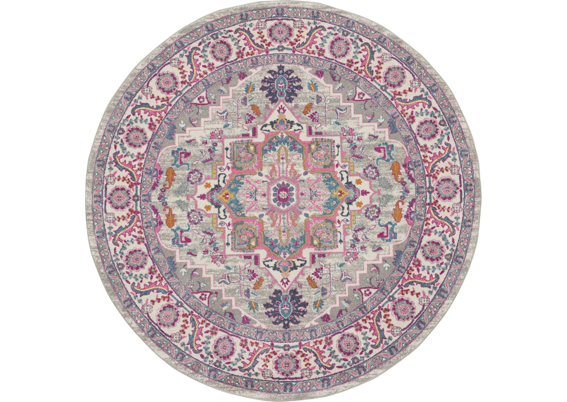 Nourison Passion PSN20 Grey and Pink 8' Round Persian Area Rug,Nourison