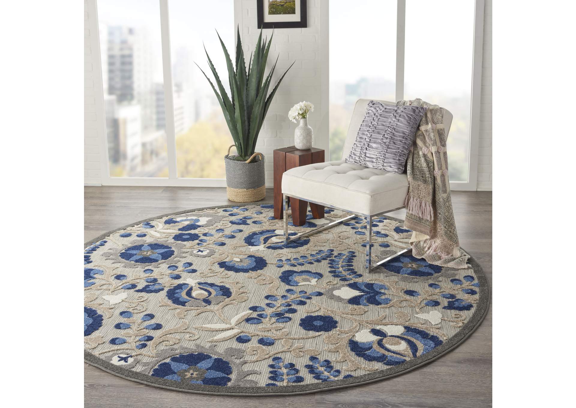 Nourison Aloha 8' Round Blue Patio Area Rug,Nourison