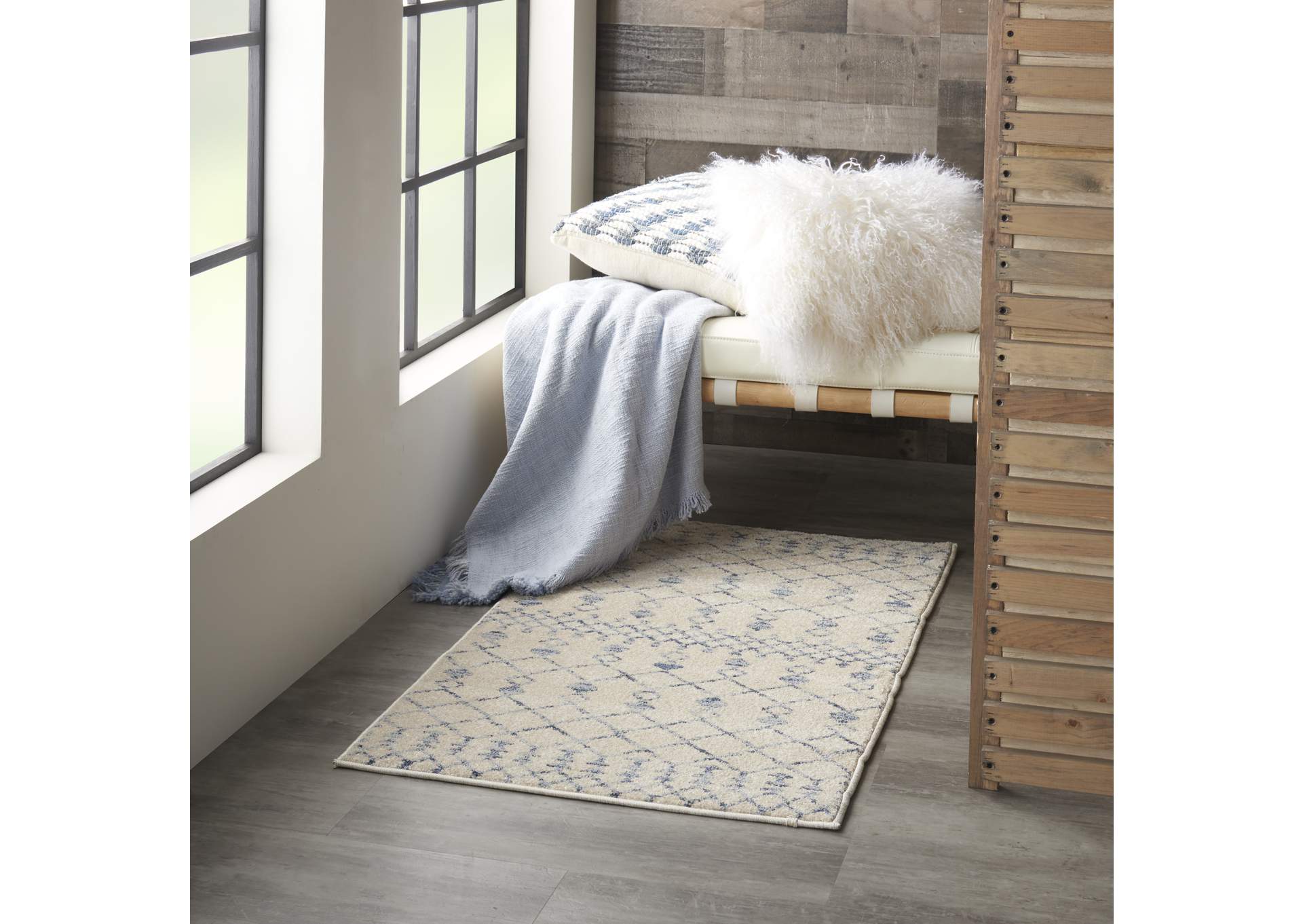 Nourison Palermo 2' x 4' Beige and Blue Distressed Bohemian Area Rug,Nourison