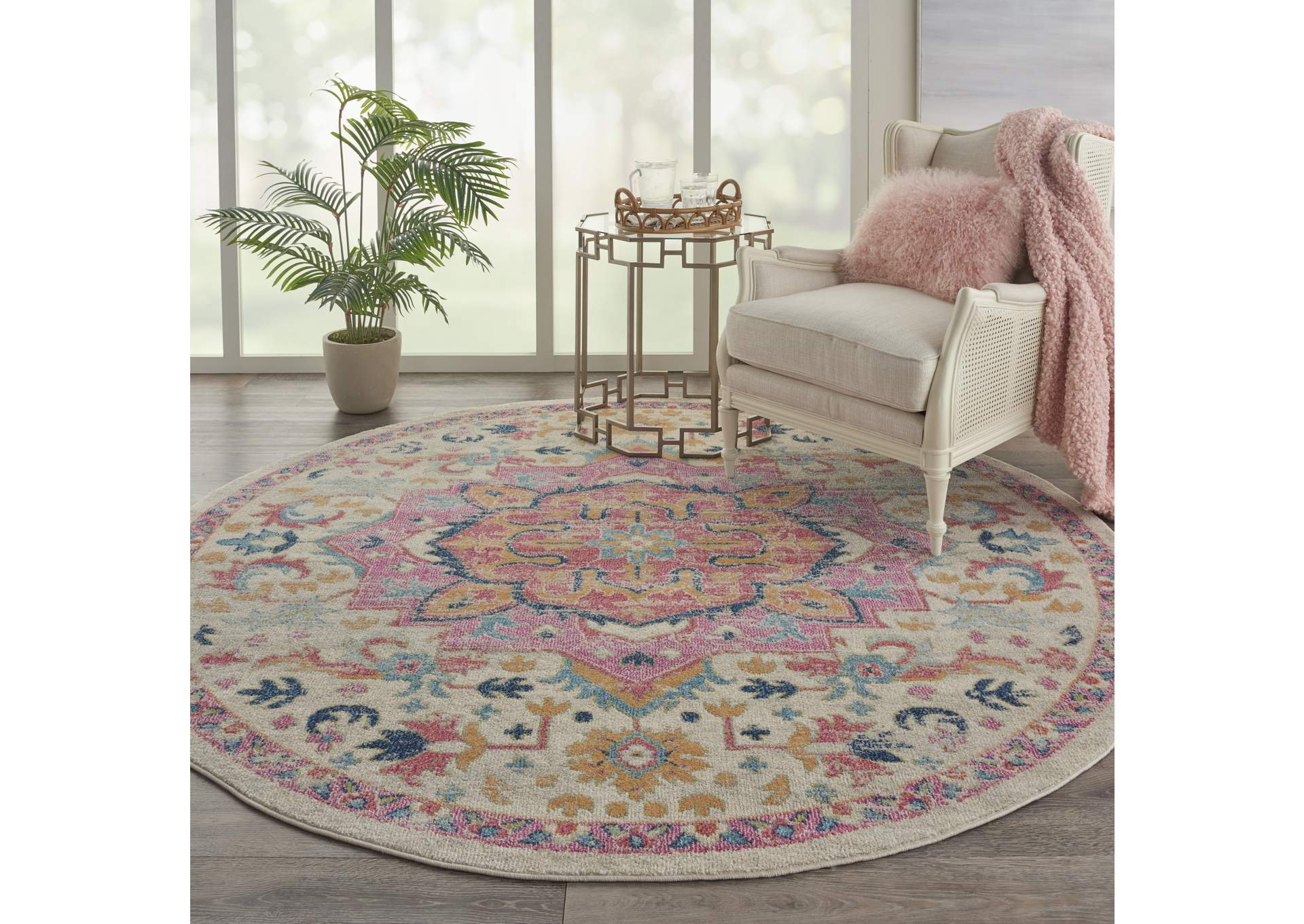 Nourison Passion 8' Round Ivory, Pink Bohemian Area Rug,Nourison