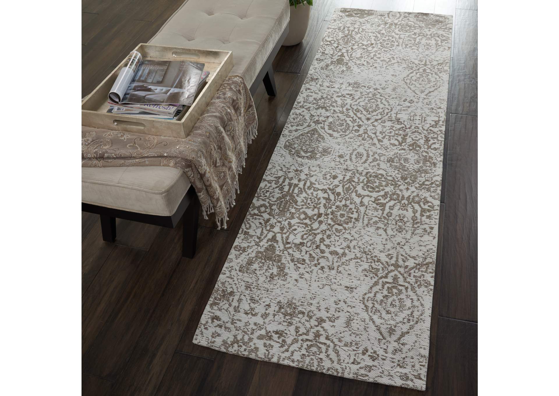 Nourison Damask DAS06 White 8' Runner Flat Hallway Rug,Nourison