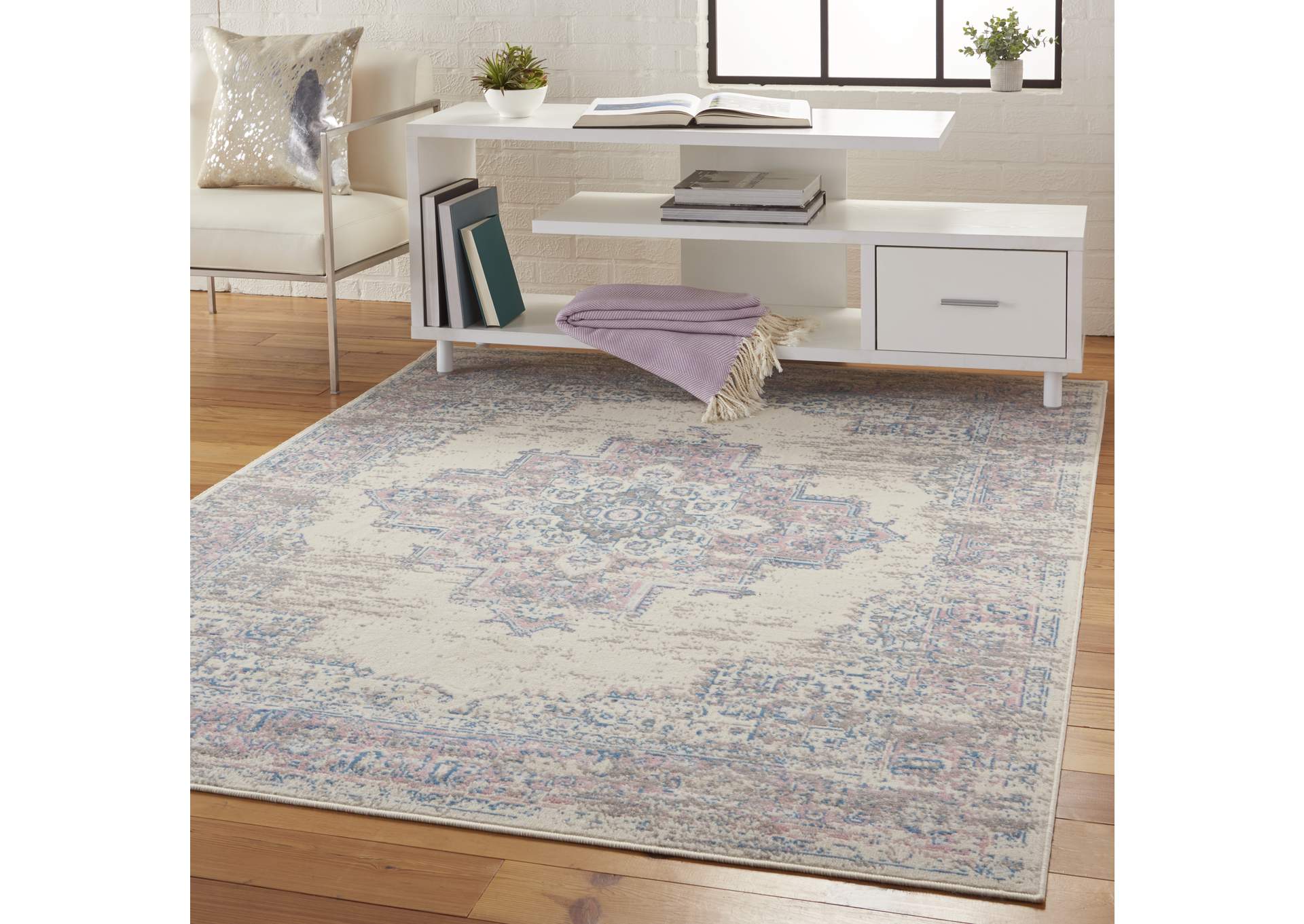 Nourison Grafix GRF14 White and Pink 6'x9' Persian Area Rug,Nourison