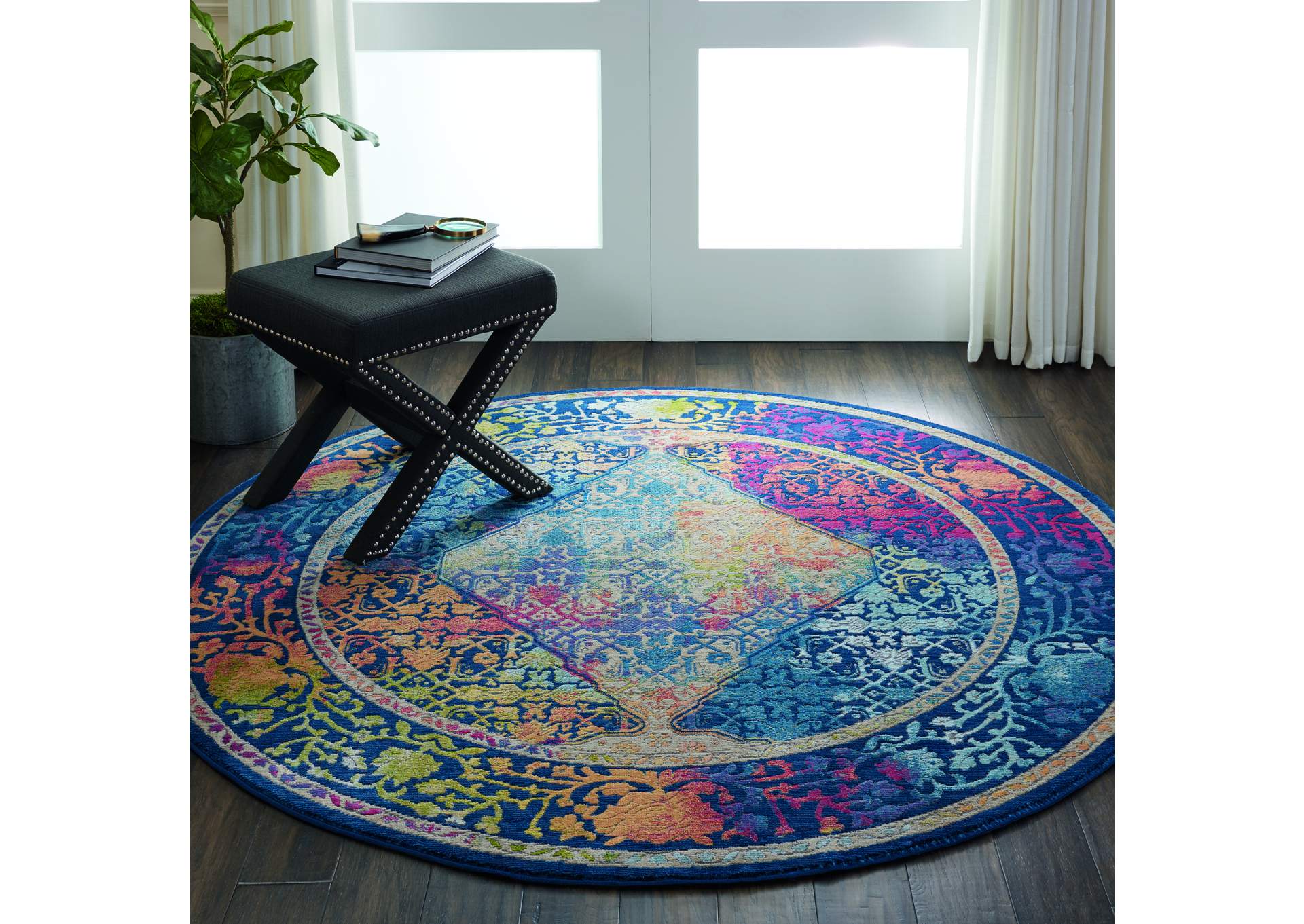 Nourison Ankara Global ANR04 Blue Multicolor 4' Round Boho Area Rug,Nourison