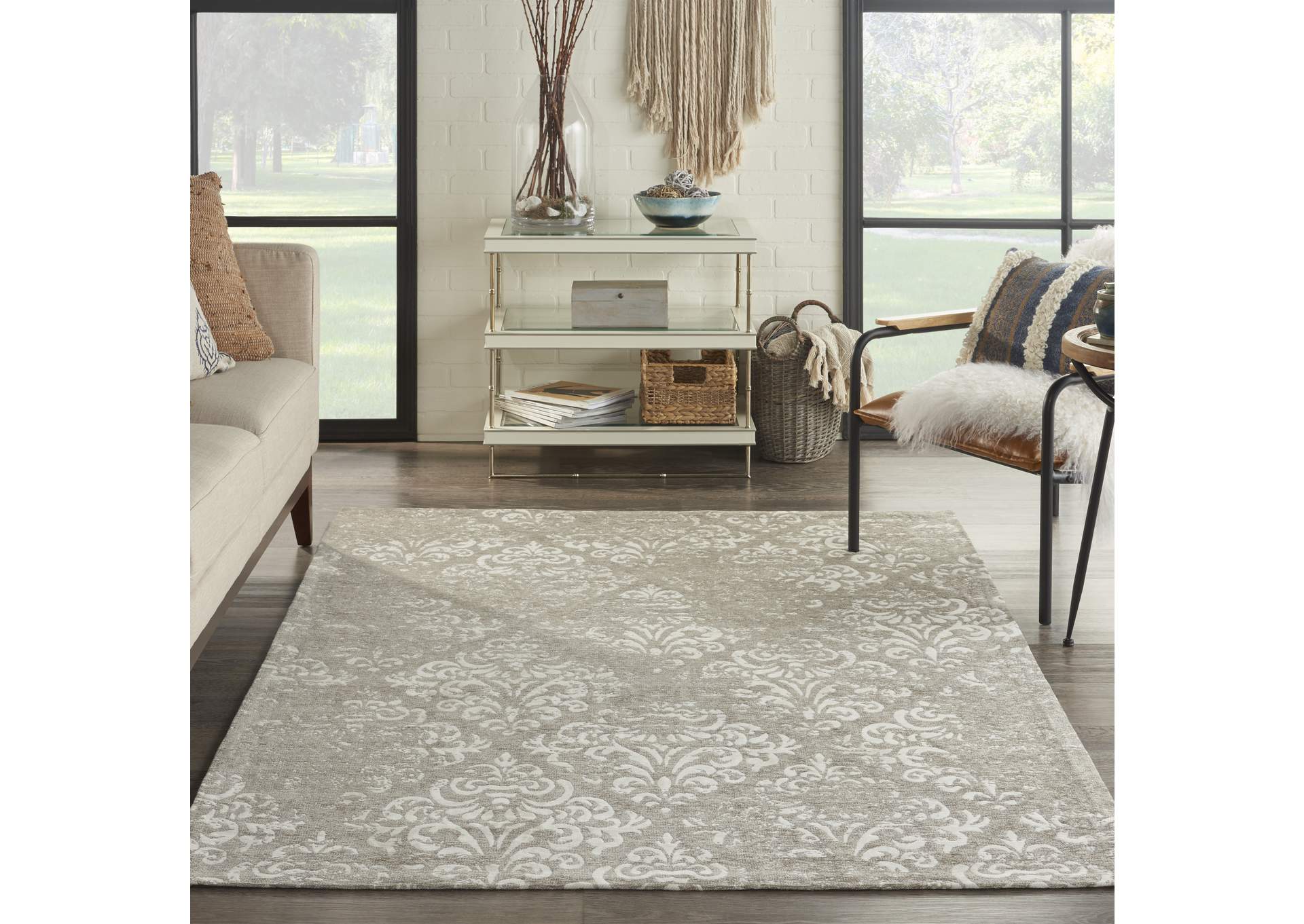 Nourison Damask DAS03 Grey and White 5'x7' Vintage Area Rug,Nourison