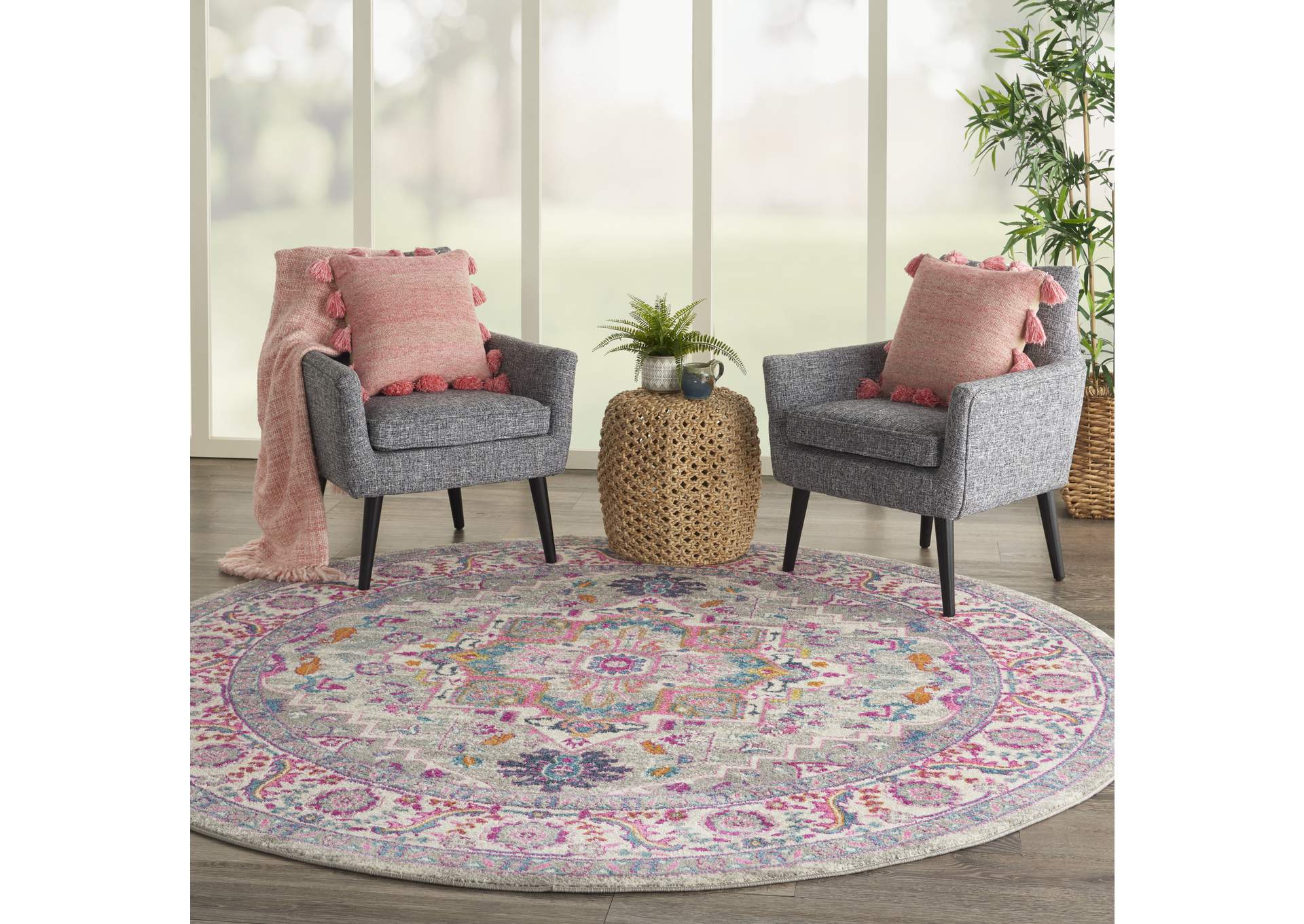 Nourison Passion PSN20 Grey and Pink 8' Round Persian Area Rug,Nourison