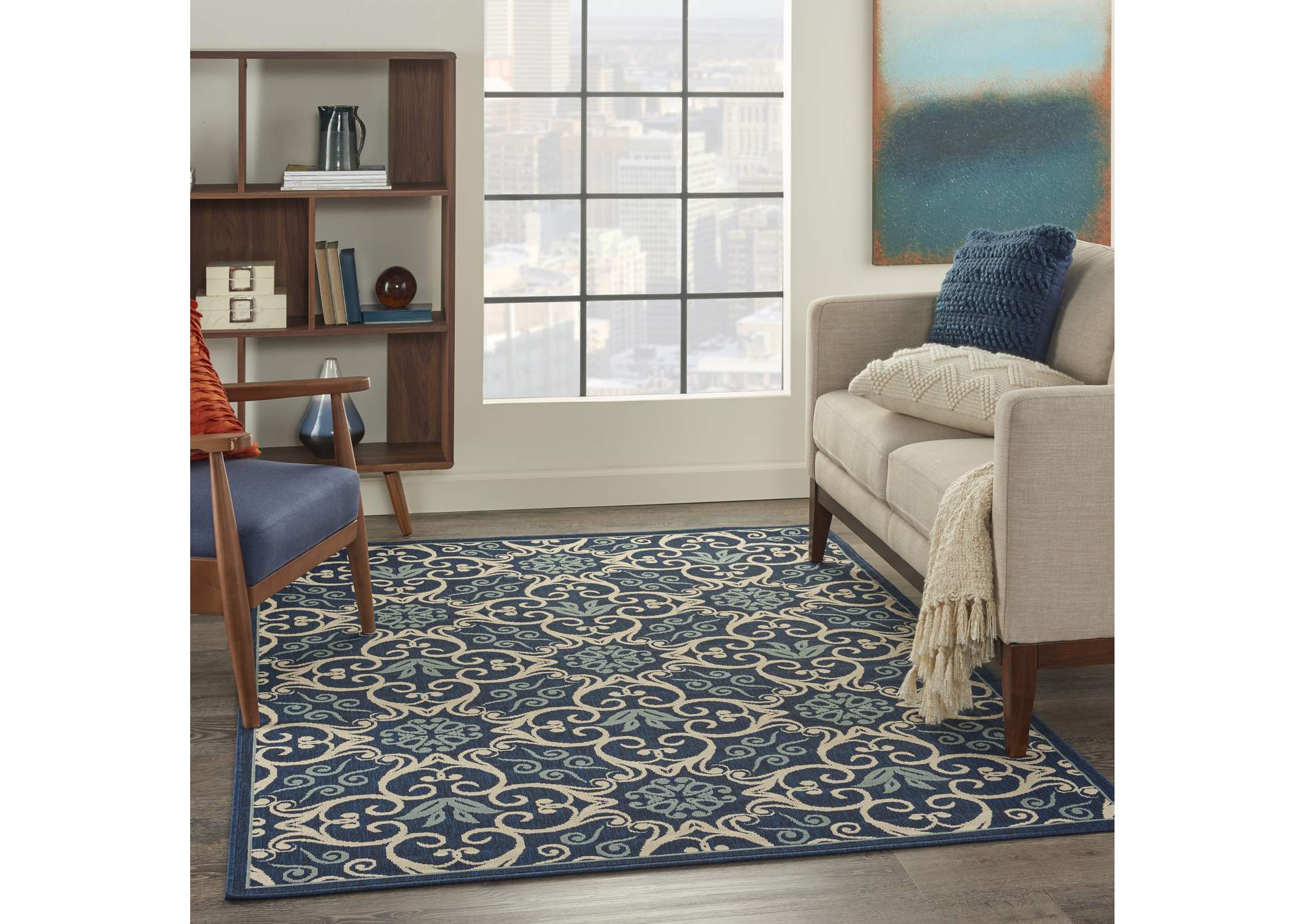 Nourison Caribbean CRB02 Navy Blue and White 4'x6' Area Rug,Nourison