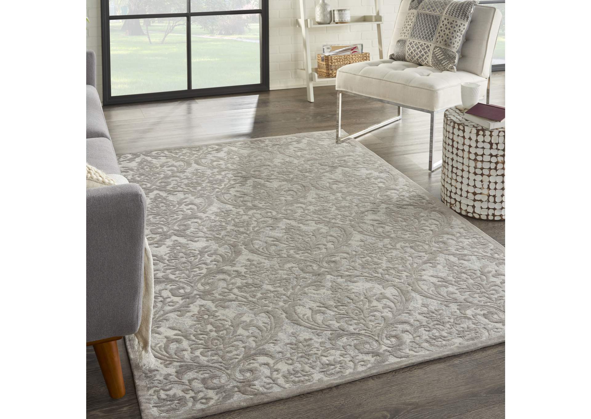 Nourison Damask DAS02 Grey and White 5'x7' Vintage Area Rug,Nourison