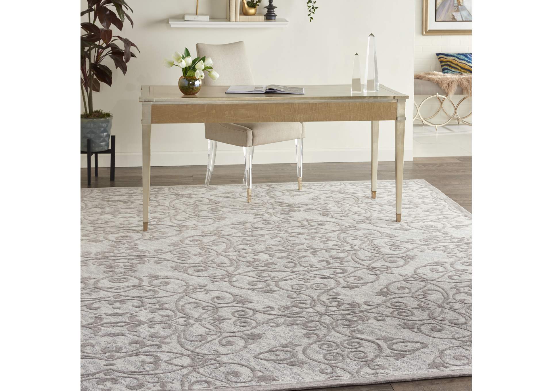 Nourison Damask DAS01 Grey and Ivory 8'x10' Large Flat Rug,Nourison