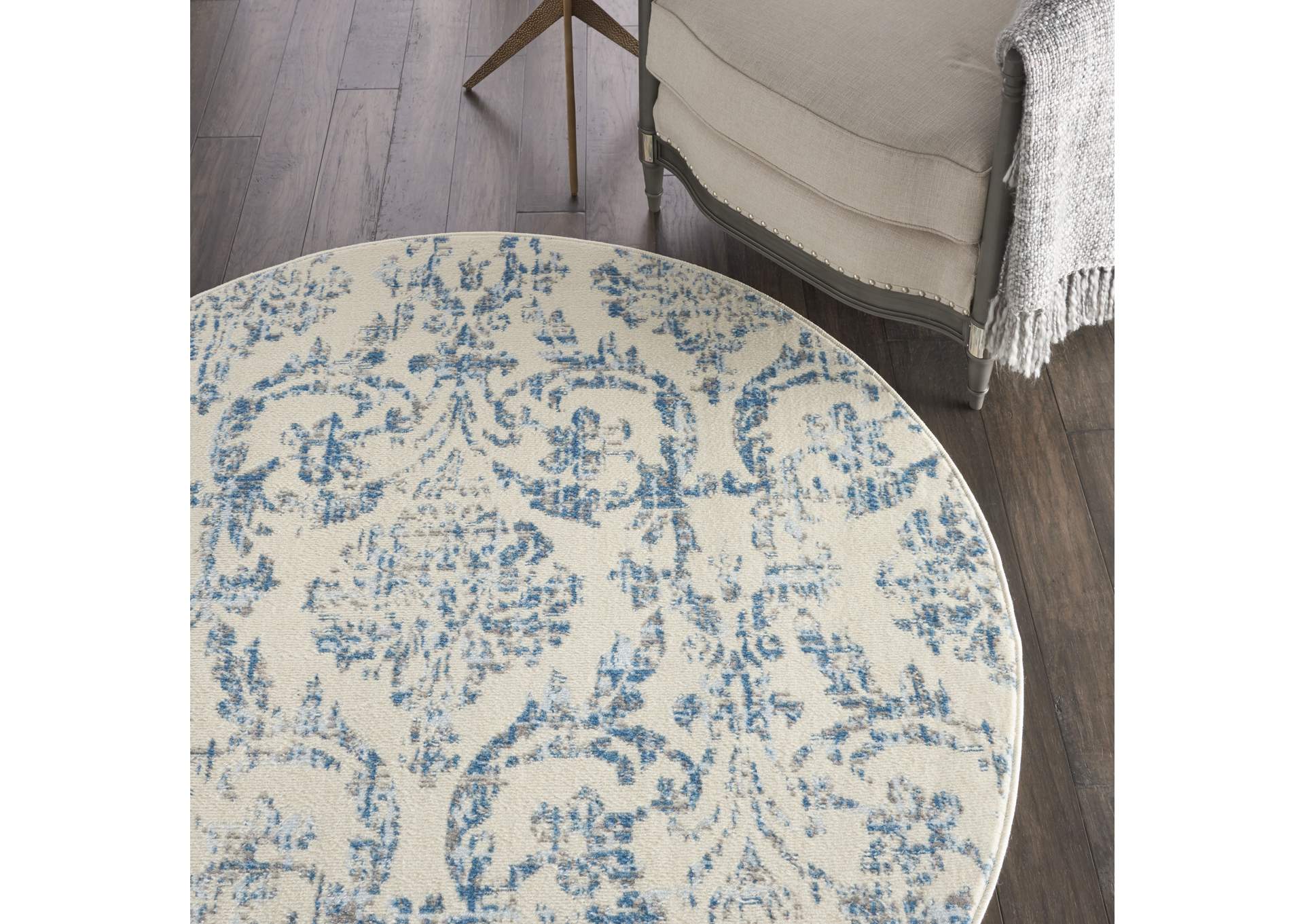 Nourison Jubilant JUB09 White and Blue 5' Round Farmhouse Area Rug,Nourison