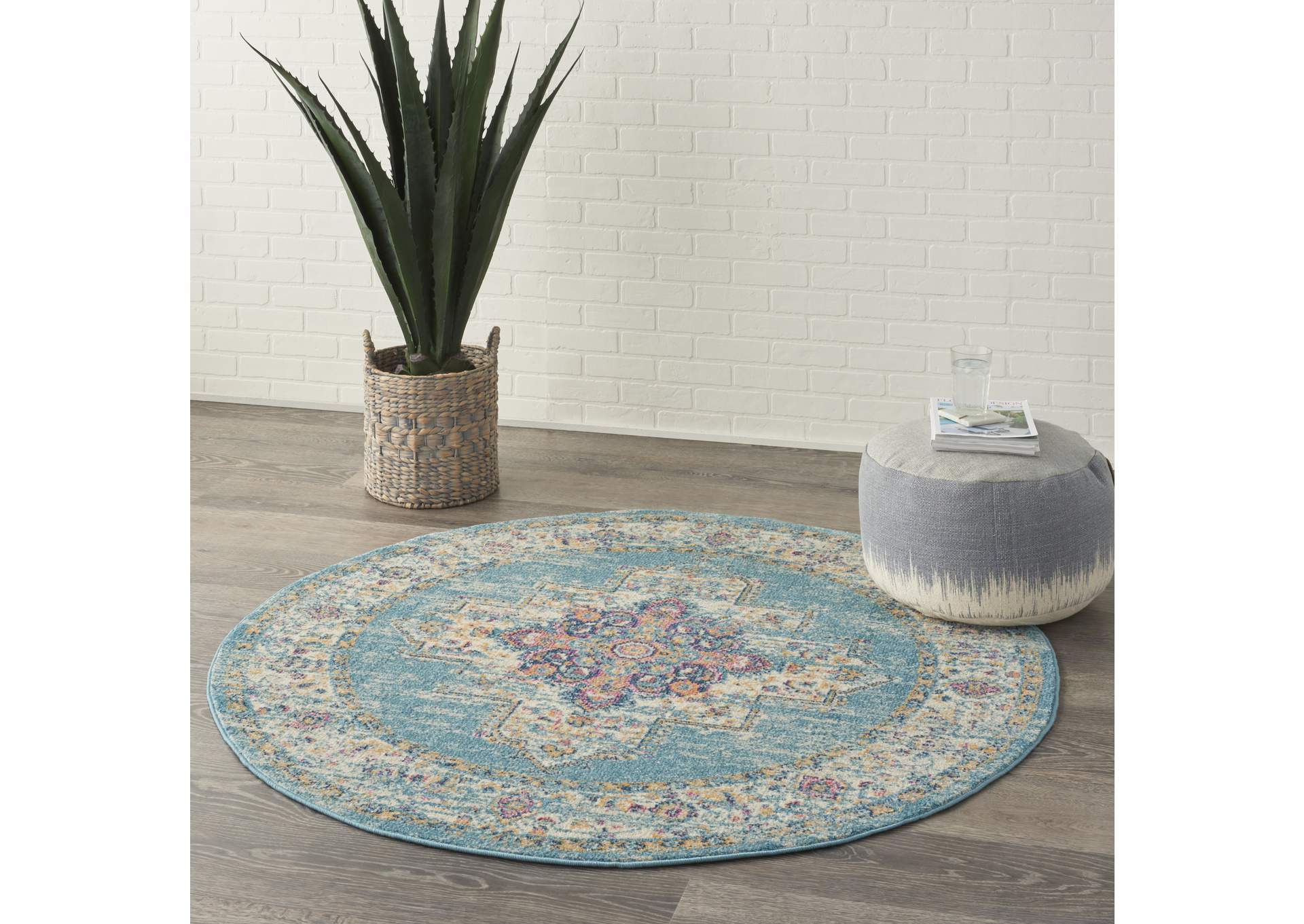 Nourison Passion 4' Round Ivory Light Blue Area Rug,Nourison
