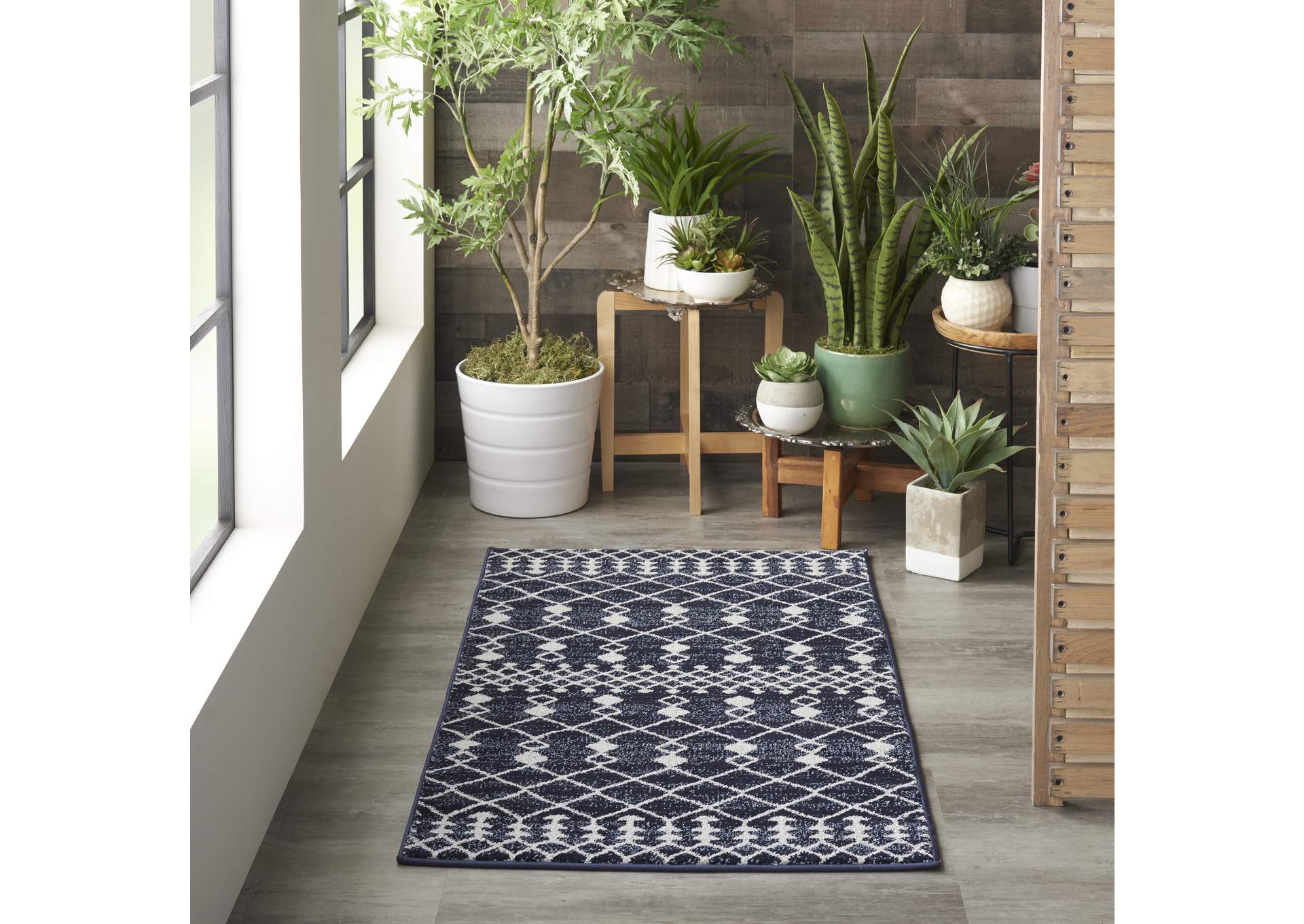 Nourison Palermo 2' x 4' Navy and Grey Distressed Bohemian Area Rug,Nourison
