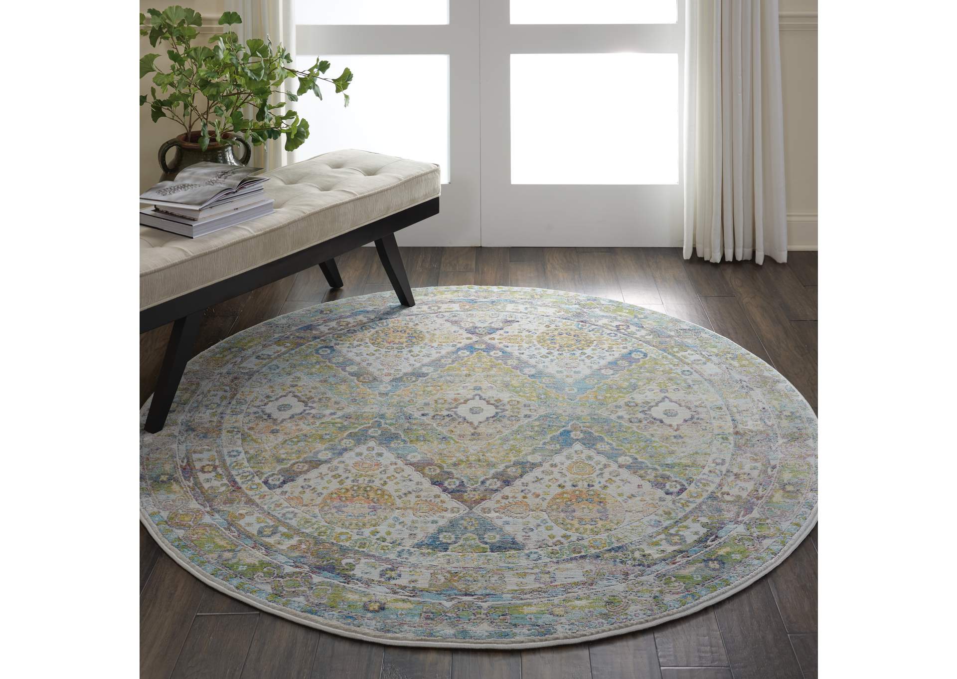 Nourison Ankara Global ANR07 Blue and Green 4' Round Farmhouse Area Rug,Nourison