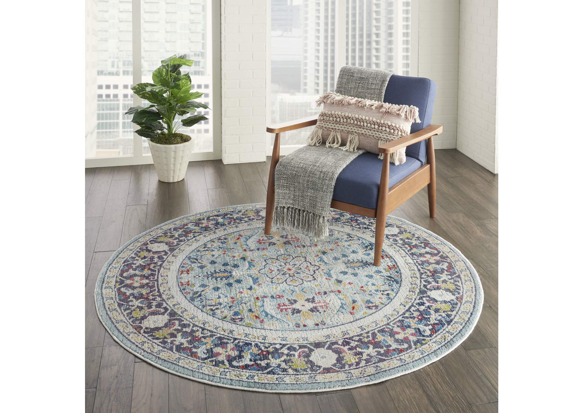 Nourison Ankara Global ANR14 Light Blue Multicolor 6' Round Persian Area Rug,Nourison