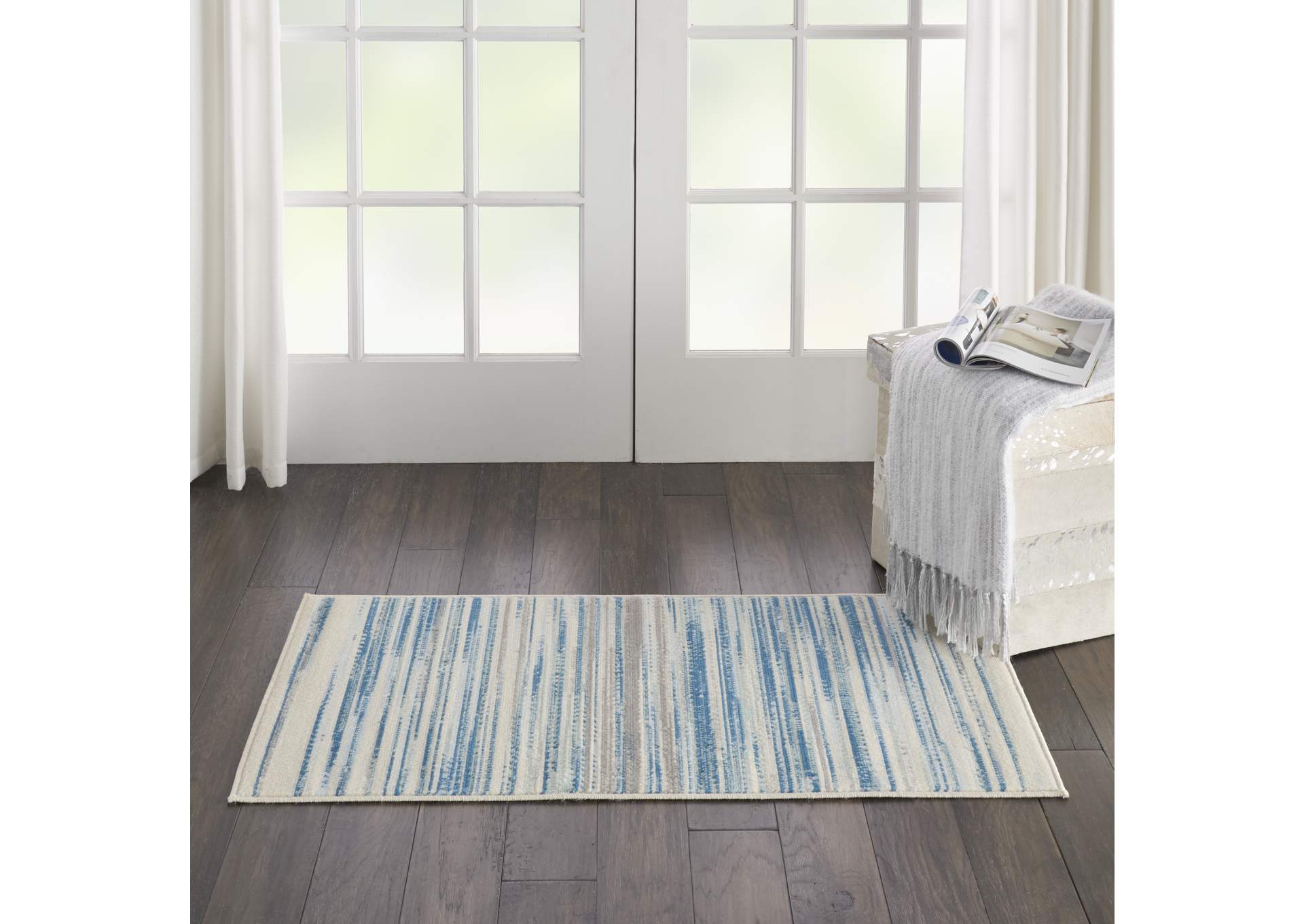 Nourison Jubilant 2' x 4' Small Teal Blue and White Striped Area Rug,Nourison