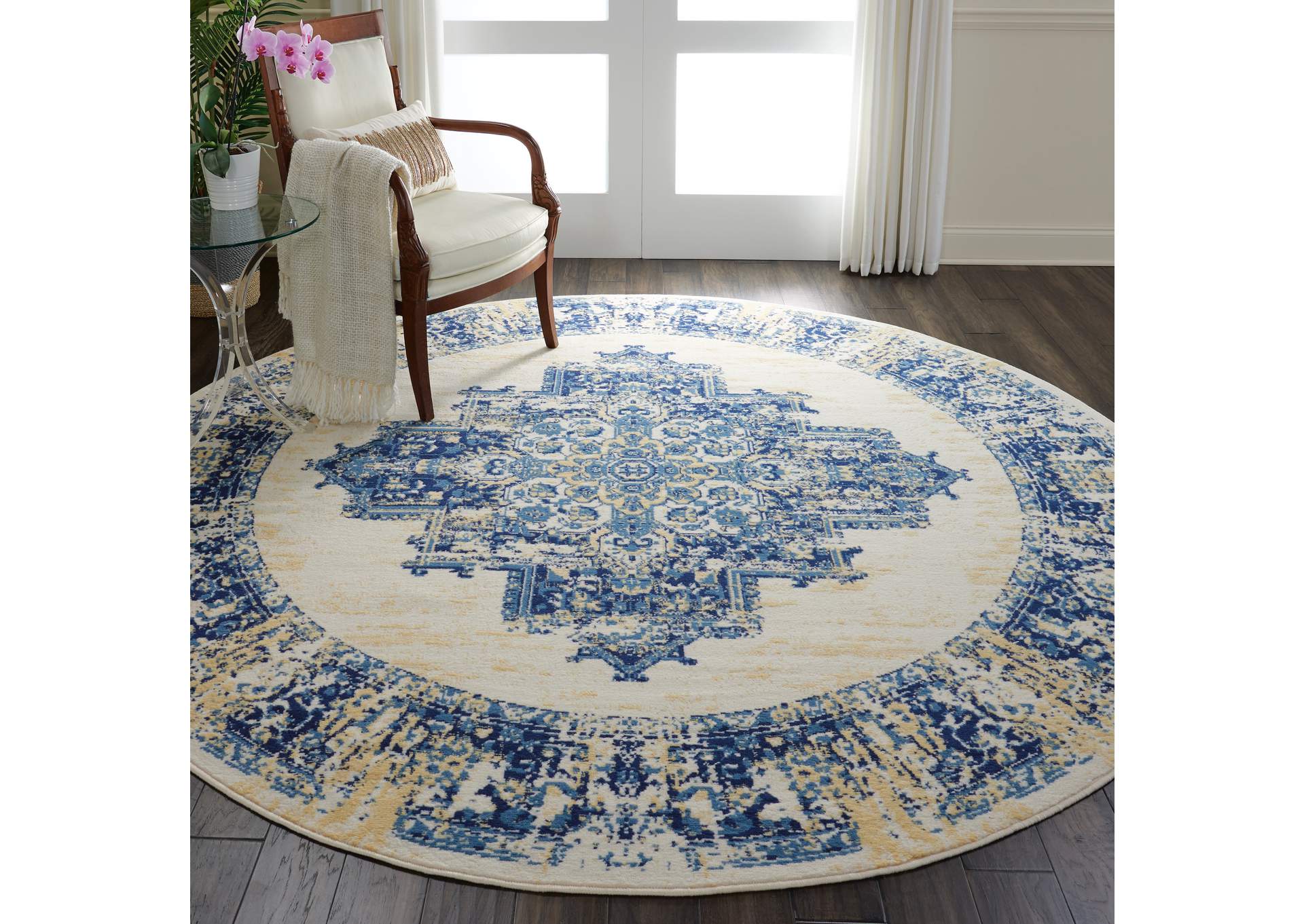 Nourison Grafix GRF14 White and Blue 8' Round Large Rug,Nourison