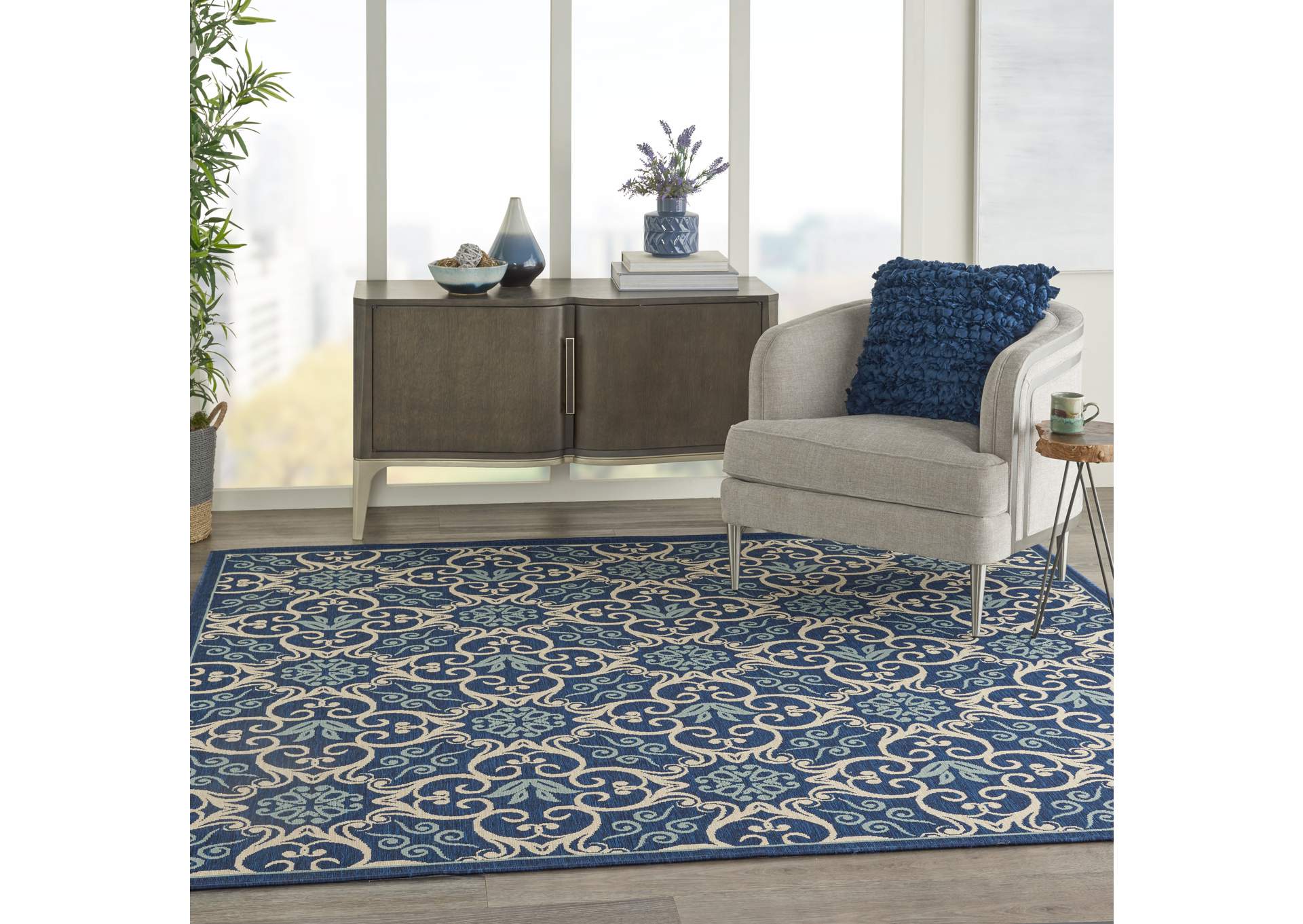 Nourison Caribbean CRB02 Navy Blue and White 8' Square Large Rug,Nourison