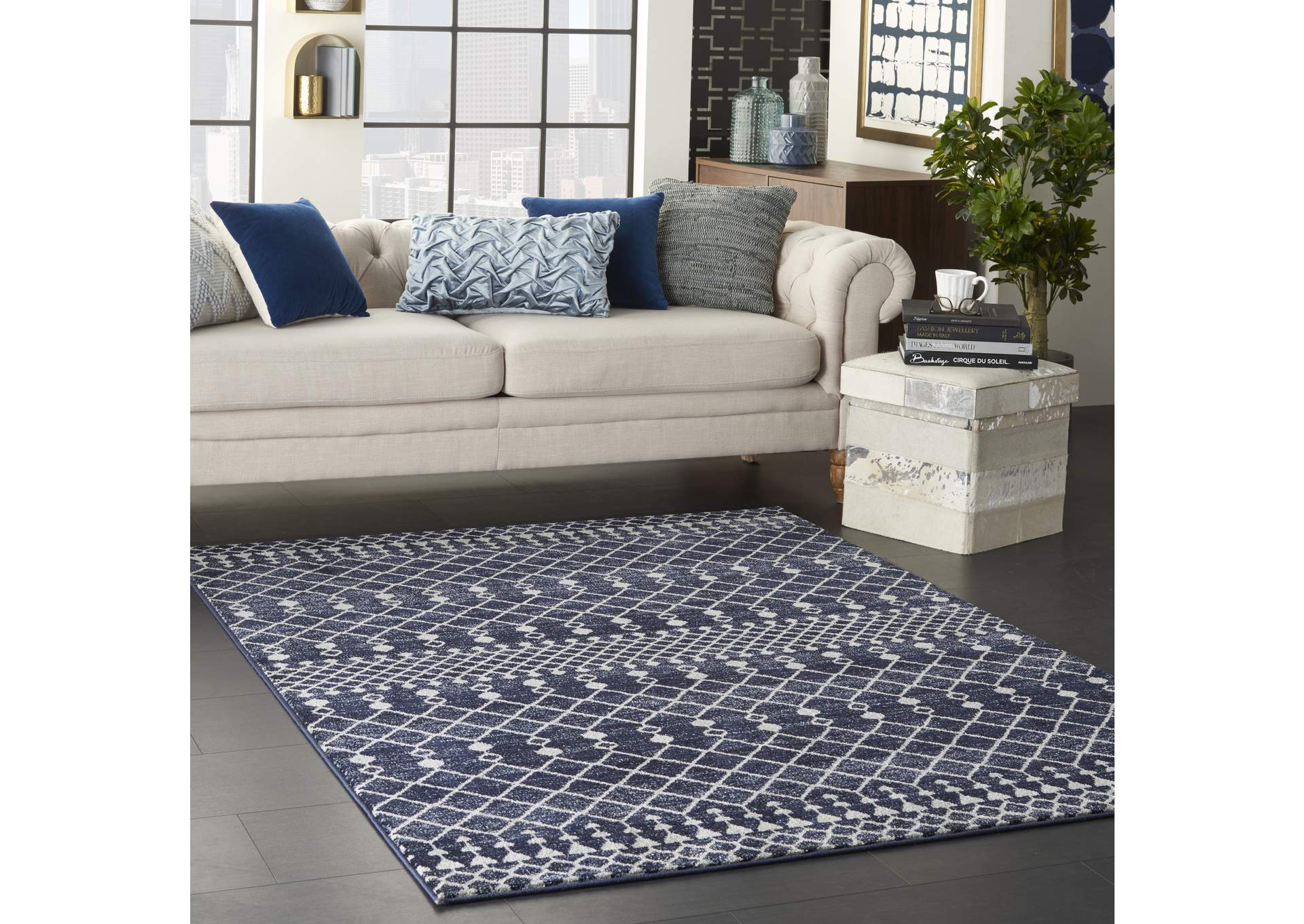 Nourison Palermo 3' x 5' Navy and Grey Distressed Bohemian Area Rug,Nourison