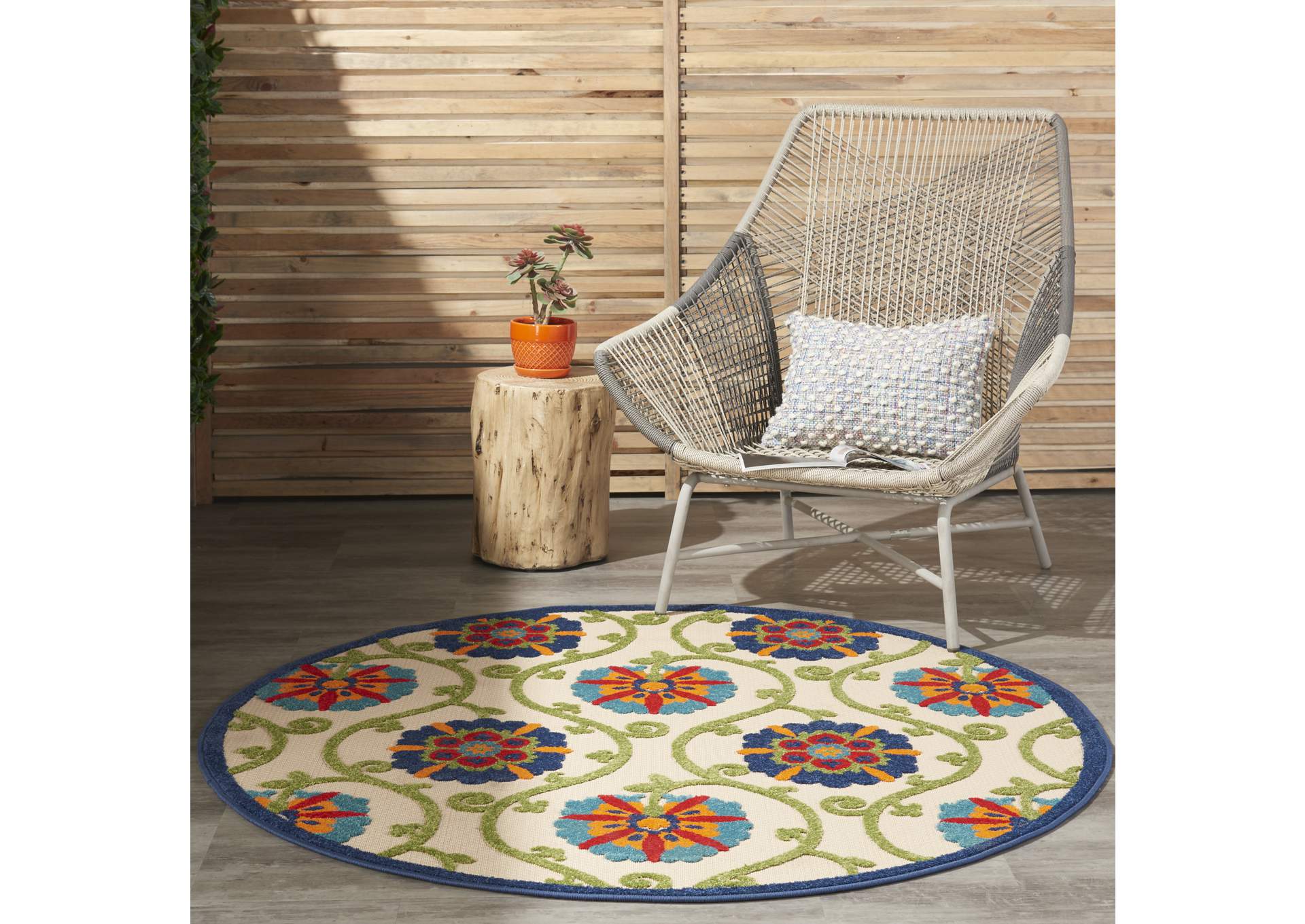Nourison Aloha ALH19 4' Round Blue Multicolor Easy-care Indoor-outdoor Rug,Nourison